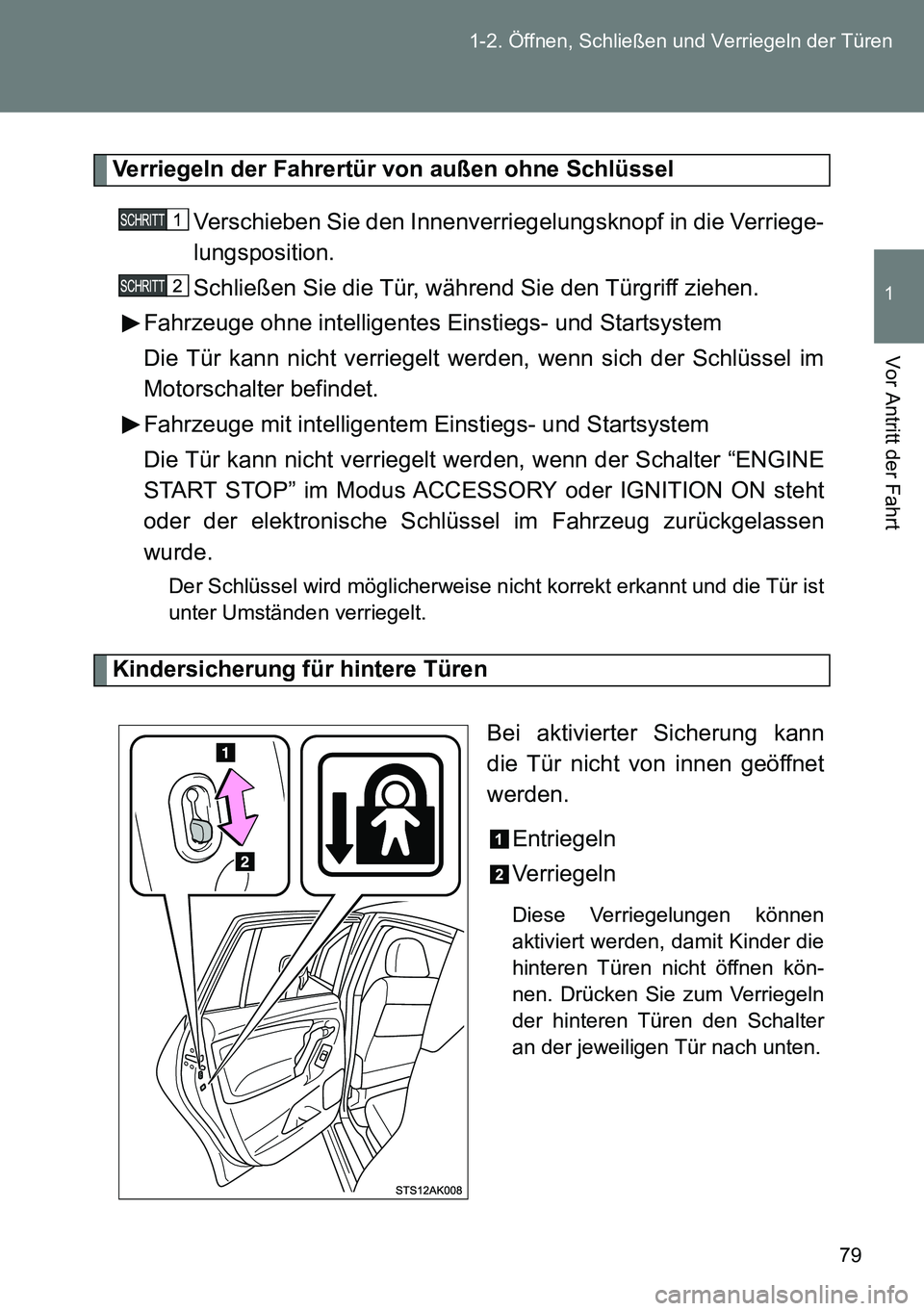 TOYOTA VERSO 2015 Betriebsanleitungen (in German) 79 1-2. Öffnen, Schließen und Verriegeln der Türen
1
Vor Antritt der Fahrt
Verriegeln der Fahrertür von außen ohne Schlüssel
Verschieben Sie den Innenverriegelungsknopf in die Verriege-
lungspos TOYOTA VERSO 2015 Betriebsanleitungen (in German) 79 1-2. Öffnen, Schließen und Verriegeln der Türen
1
Vor Antritt der Fahrt
Verriegeln der Fahrertür von außen ohne Schlüssel
Verschieben Sie den Innenverriegelungsknopf in die Verriege-
lungspos
