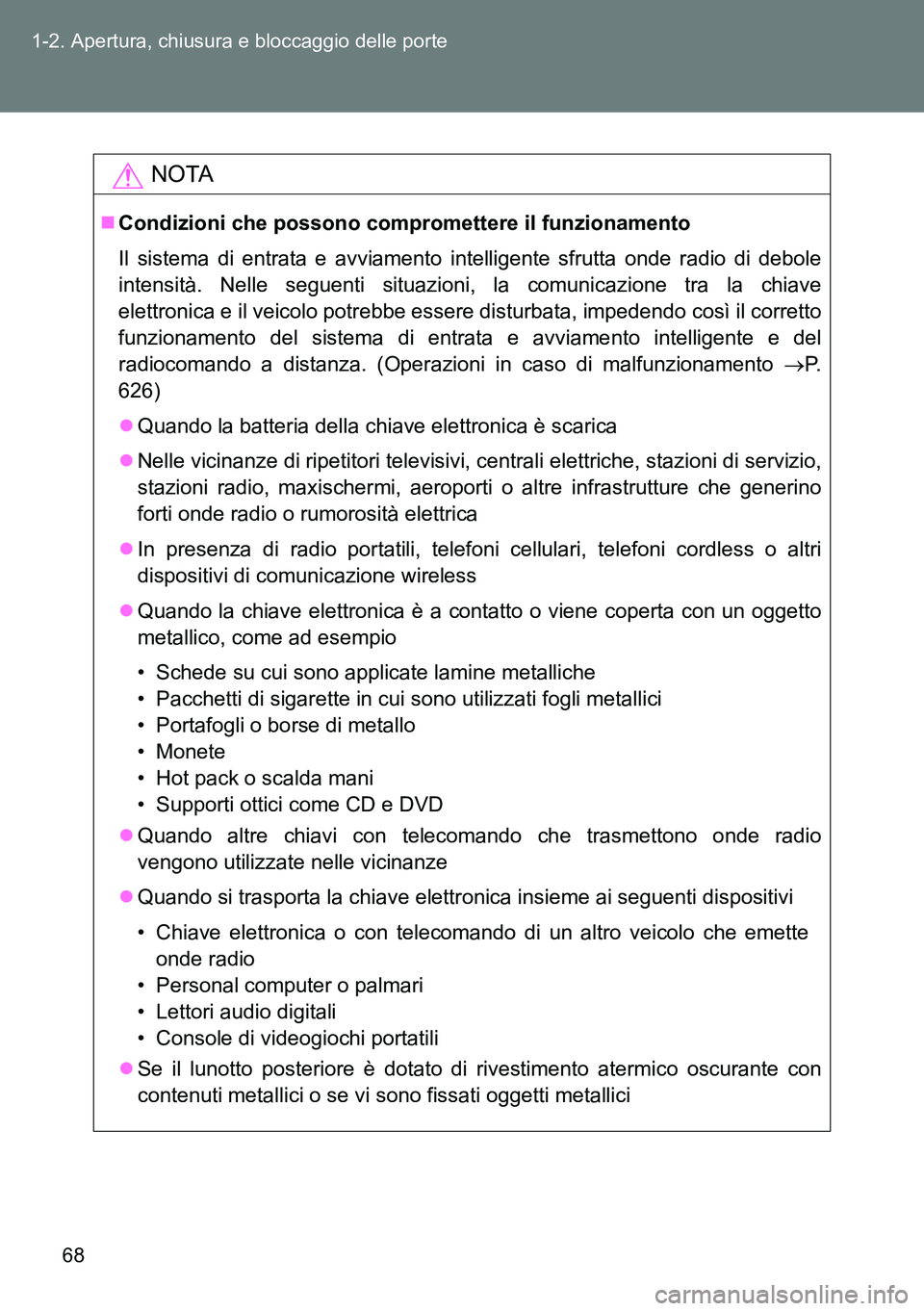 TOYOTA VERSO 2015 Manuale duso (in Italian) 68 1-2. Apertura, chiusura e bloccaggio delle porte
NOTA
Condizioni che possono compromettere il funzionamento
Il sistema di entrata e avviamento intelligente sfrutta onde radio di debole
intensit TOYOTA VERSO 2015 Manuale duso (in Italian) 68 1-2. Apertura, chiusura e bloccaggio delle porte
NOTA
Condizioni che possono compromettere il funzionamento
Il sistema di entrata e avviamento intelligente sfrutta onde radio di debole
intensit