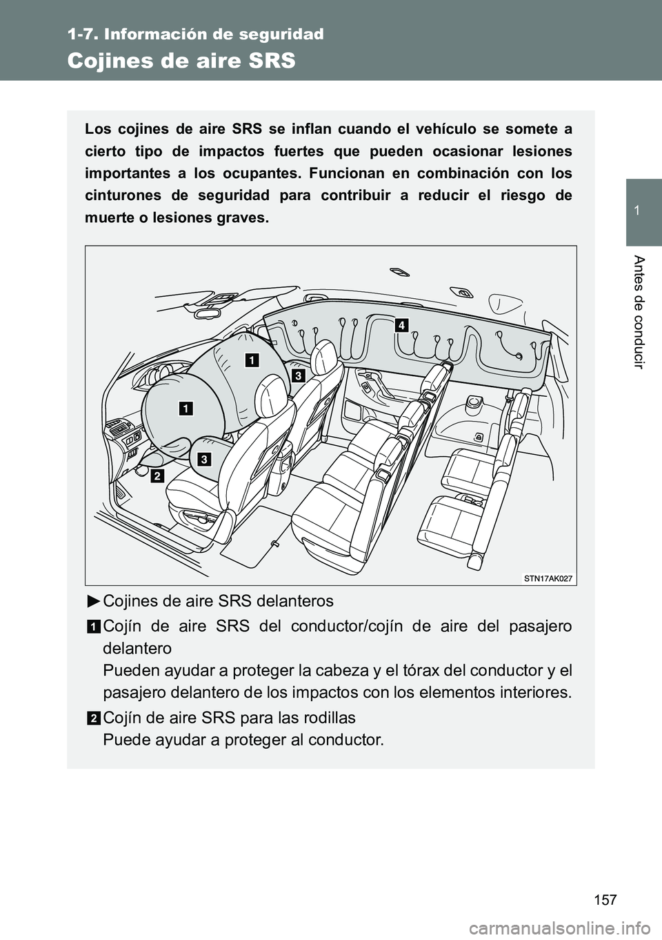 TOYOTA VERSO 2015  Manuale de Empleo (in Spanish) 157
1
1-7. Información de seguridad
Antes de conducir
Cojines de aire SRS
Los cojines de aire SRS se inflan cuando el vehículo se somete a
cierto tipo de impactos fuertes que pueden ocasionar lesion