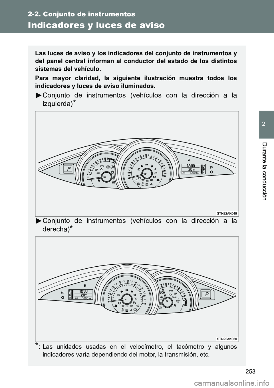 TOYOTA VERSO 2015  Manuale de Empleo (in Spanish) 253
2-2. Conjunto de instrumentos
2
Durante la conducción
Indicadores y luces de aviso
Las luces de aviso y los indicadores del conjunto de instrumentos y
del panel central informan al conductor del 