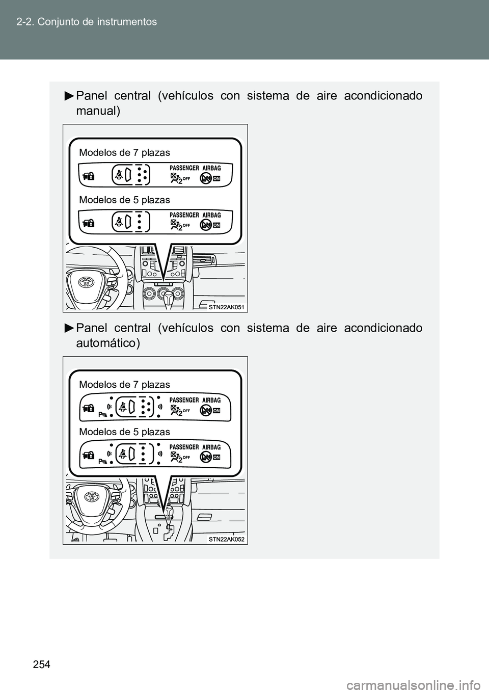 TOYOTA VERSO 2015  Manuale de Empleo (in Spanish) 254 2-2. Conjunto de instrumentos
Panel central (vehículos con sistema de aire acondicionado
manual)
Panel central (vehículos con sistema de aire acondicionado
automático)
Modelos de 7 plazas
Model