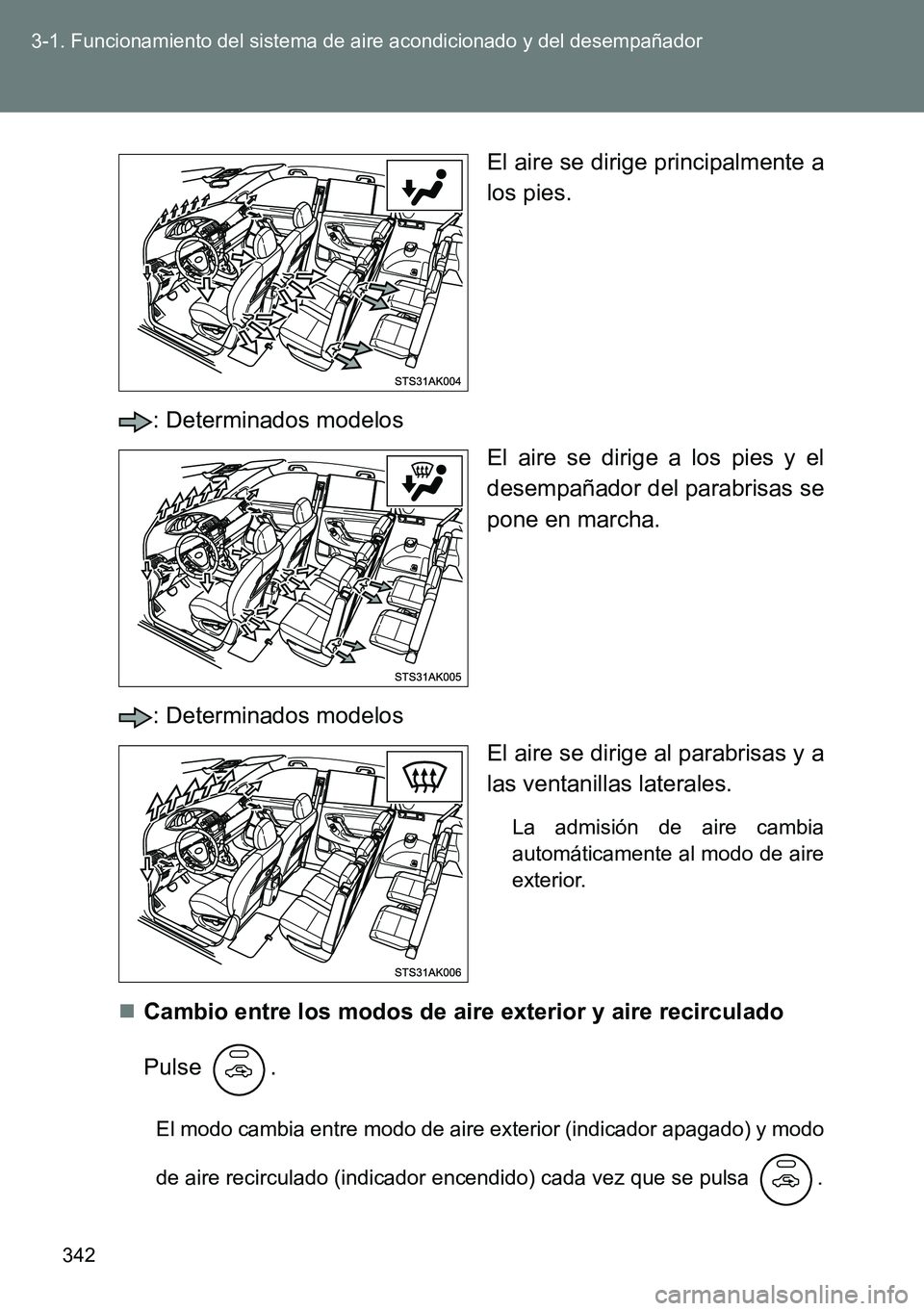 TOYOTA VERSO 2015  Manuale de Empleo (in Spanish) 342 3-1. Funcionamiento del sistema de aire acondicionado y del desempañador
El aire se dirige principalmente a
los pies.
: Determinados modelos
El aire se dirige a los pies y el
desempañador del pa