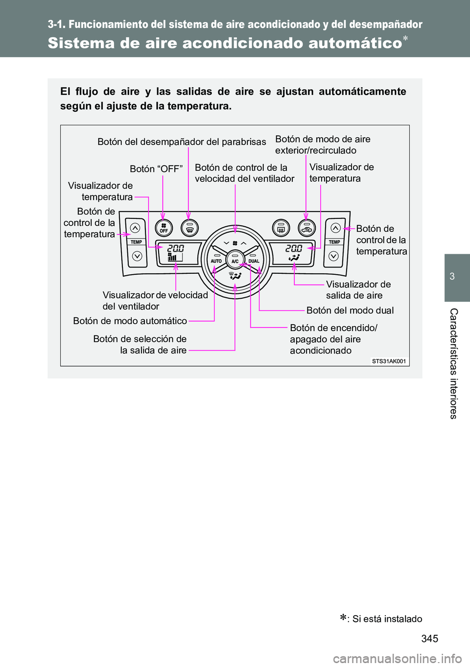 TOYOTA VERSO 2015  Manuale de Empleo (in Spanish) 345
3-1. Funcionamiento del sistema de aire acondicionado y del desempañador
3
Características interiores
Sistema de aire acondicionado automático
: Si está instalado
El flujo de aire y las 