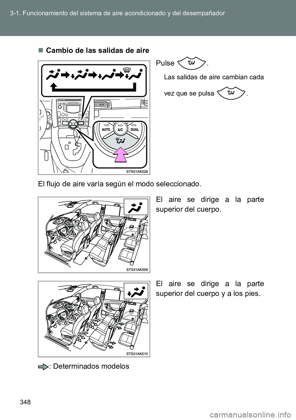 TOYOTA VERSO 2015  Manuale de Empleo (in Spanish) 348 3-1. Funcionamiento del sistema de aire acondicionado y del desempañador
Cambio de las salidas de aire
Pulse .
Las salidas de aire cambian cada
vez que se pulsa  . 
El flujo de aire varía seg