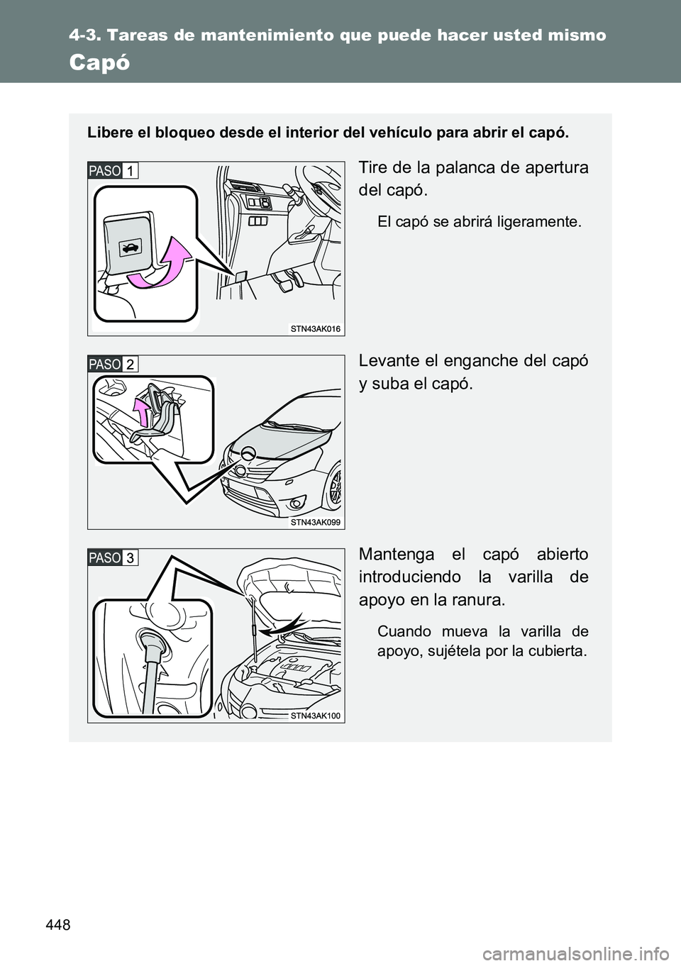 TOYOTA VERSO 2015  Manuale de Empleo (in Spanish) 448
4-3. Tareas de mantenimiento que puede hacer usted mismo
Capó
Libere el bloqueo desde el interior del vehículo para abrir el capó.
Tire de la palanca de apertura
del capó.
El capó se abrirá 