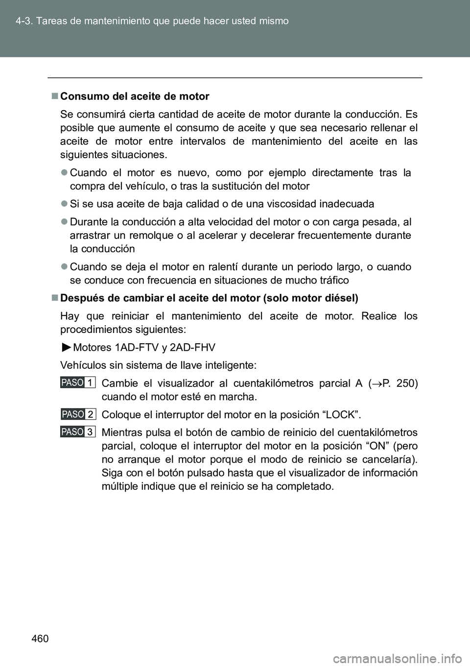 TOYOTA VERSO 2015 Manuale de Empleo (in Spanish) 460 4-3. Tareas de mantenimiento que puede hacer usted mismo
Consumo del aceite de motor
Se consumirá cierta cantidad de aceite de motor durante la conducción. Es
posible que aumente el consumo d TOYOTA VERSO 2015 Manuale de Empleo (in Spanish) 460 4-3. Tareas de mantenimiento que puede hacer usted mismo
Consumo del aceite de motor
Se consumirá cierta cantidad de aceite de motor durante la conducción. Es
posible que aumente el consumo d