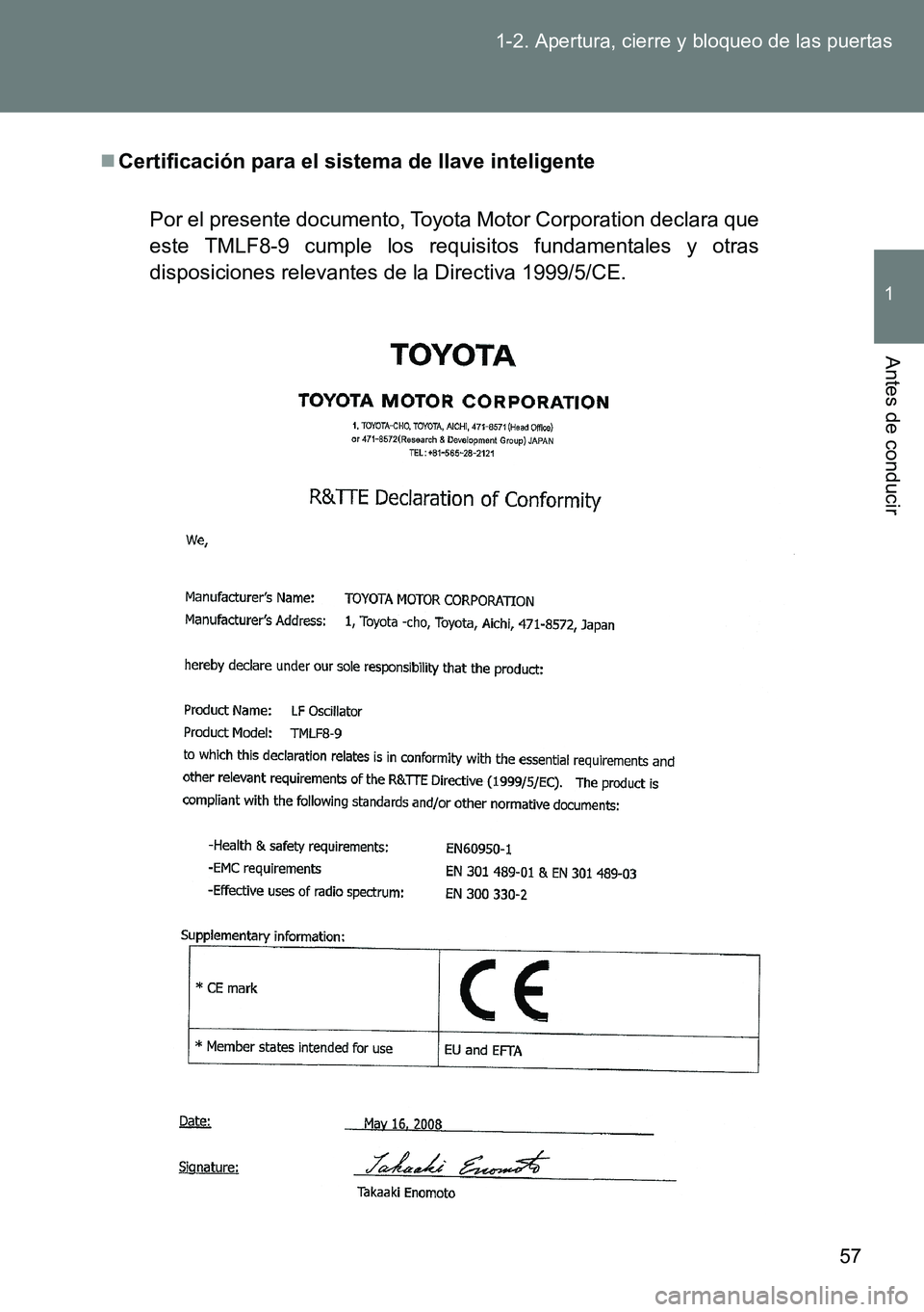 TOYOTA VERSO 2015  Manuale de Empleo (in Spanish) 57 1-2. Apertura, cierre y bloqueo de las puertas
1
Antes de conducir
Certificación para el sistema de llave inteligente
Por el presente documento, Toyota Motor Corporation declara que
este TMLF8-