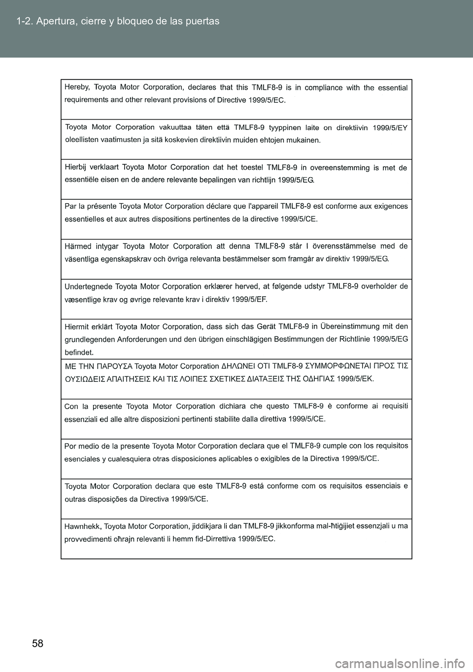 TOYOTA VERSO 2015  Manuale de Empleo (in Spanish) 58 1-2. Apertura, cierre y bloqueo de las puertas 