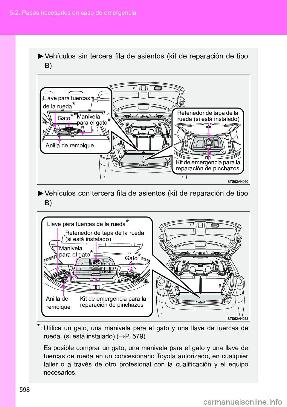TOYOTA VERSO 2015  Manuale de Empleo (in Spanish) 598 5-2. Pasos necesarios en caso de emergencia
Vehículos sin tercera fila de asientos (kit de reparación de tipo
B)
Vehículos con tercera fila de asientos (kit de reparación de tipo
B)
*: Utilice