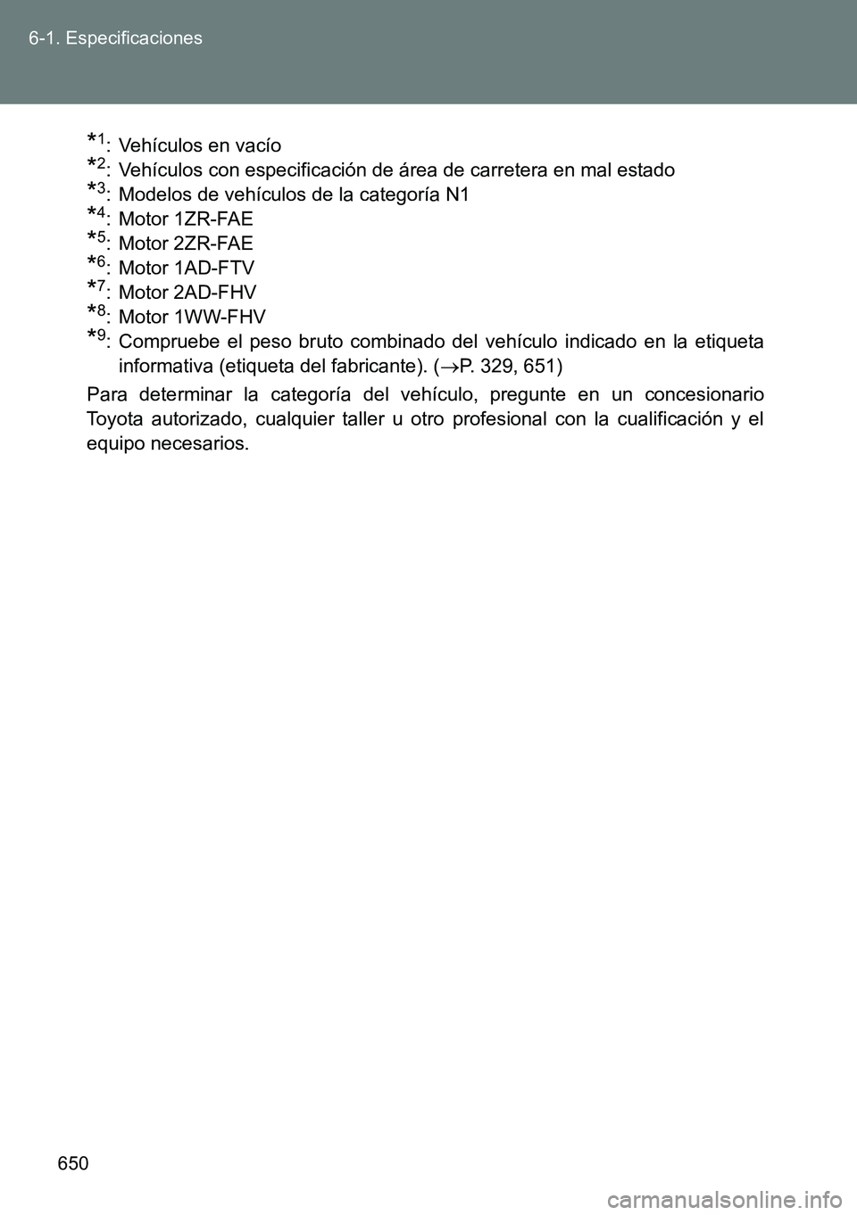 TOYOTA VERSO 2015  Manuale de Empleo (in Spanish) 650 6-1. Especificaciones
*1: Vehículos en vacío
*2: Vehículos con especificación de área de carretera en mal estado
*3: Modelos de vehículos de la categoría N1
*4: Motor 1ZR-FAE
*5: Motor 2ZR-