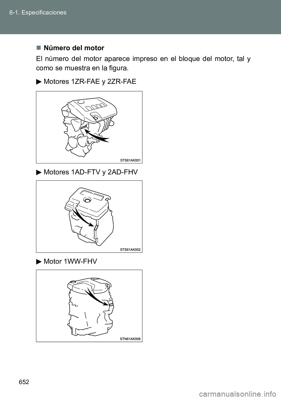 TOYOTA VERSO 2015  Manuale de Empleo (in Spanish) 652 6-1. Especificaciones
Número del motor
El número del motor aparece impreso en el bloque del motor, tal y
como se muestra en la figura.
Motores 1ZR-FAE y 2ZR-FAE
Motores 1AD-FTV y 2AD-FHV
Moto