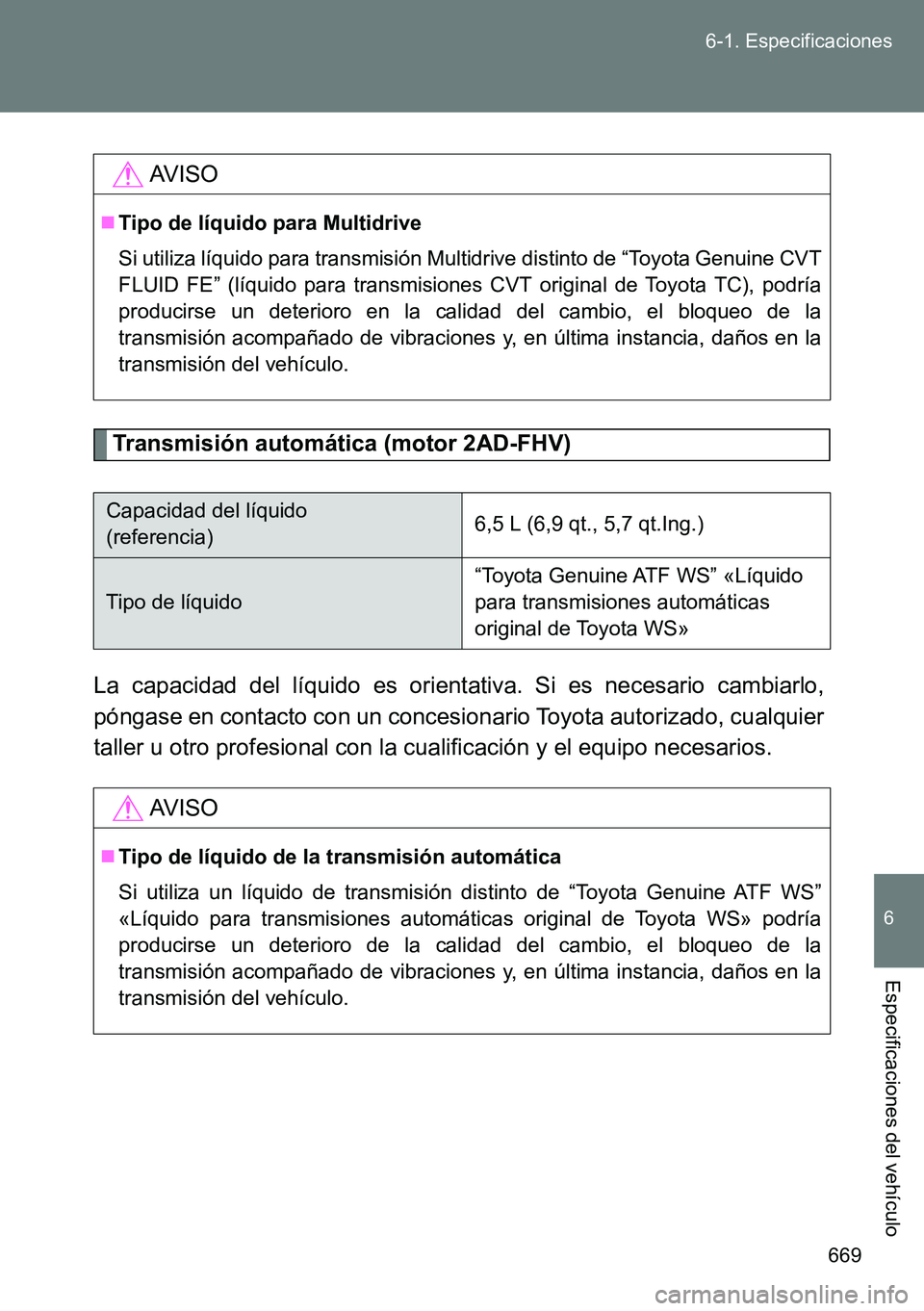 TOYOTA VERSO 2015  Manuale de Empleo (in Spanish) 669 6-1. Especificaciones
6
Especificaciones del vehículo
Transmisión automática (motor 2AD-FHV)
La capacidad del líquido es orientativa. Si es necesario cambiarlo,
póngase en contacto con un con