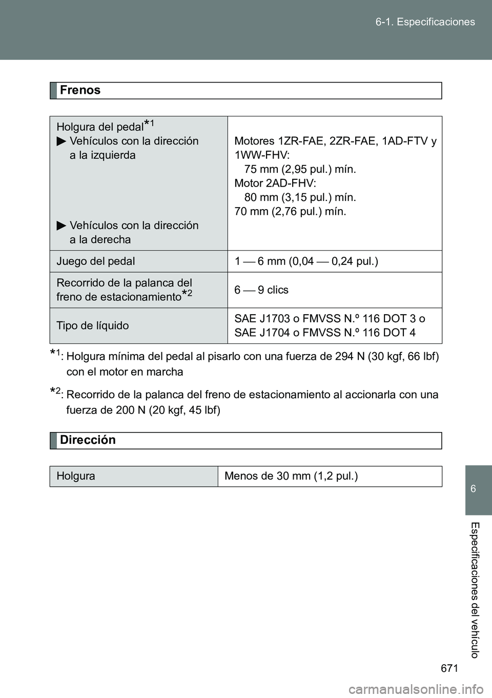 TOYOTA VERSO 2015  Manuale de Empleo (in Spanish) 671 6-1. Especificaciones
6
Especificaciones del vehículo
Frenos
*1: Holgura mínima del pedal al pisarlo con una fuerza de 294 N (30 kgf, 66 lbf)
con el motor en marcha
*2: Recorrido de la palanca d
