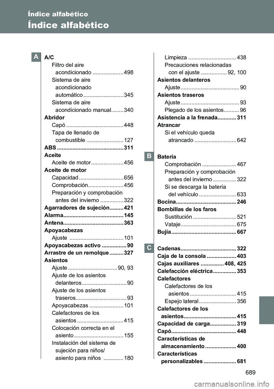 TOYOTA VERSO 2015  Manuale de Empleo (in Spanish) 689
Índice alfabético
Índice alfabético
A/C
Filtro del aire 
acondicionado .................... 498
Sistema de aire 
acondicionado 
automático .......................... 345
Sistema de aire 
acon