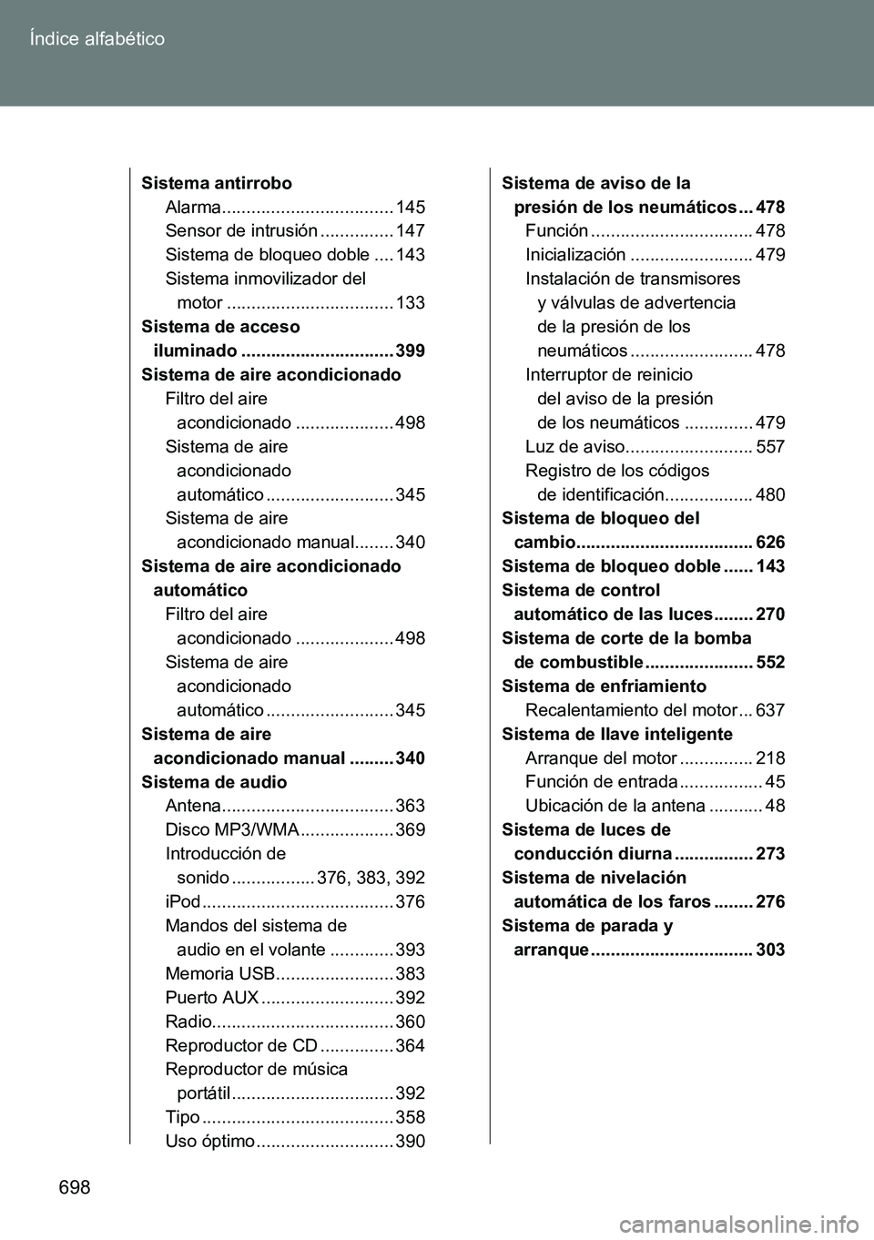 TOYOTA VERSO 2015  Manuale de Empleo (in Spanish) 698 Índice alfabético
Sistema antirrobo
Alarma................................... 145
Sensor de intrusión ............... 147
Sistema de bloqueo doble .... 143
Sistema inmovilizador del 
motor ....