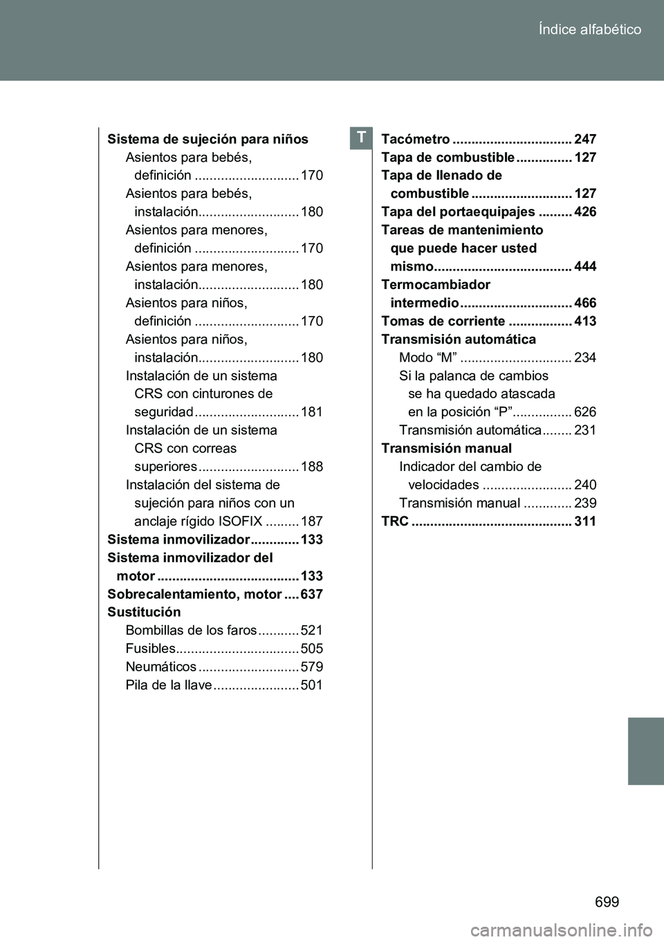 TOYOTA VERSO 2015  Manuale de Empleo (in Spanish) 699 Índice alfabético
Sistema de sujeción para niños
Asientos para bebés, 
definición ............................ 170
Asientos para bebés, 
instalación........................... 180
Asientos