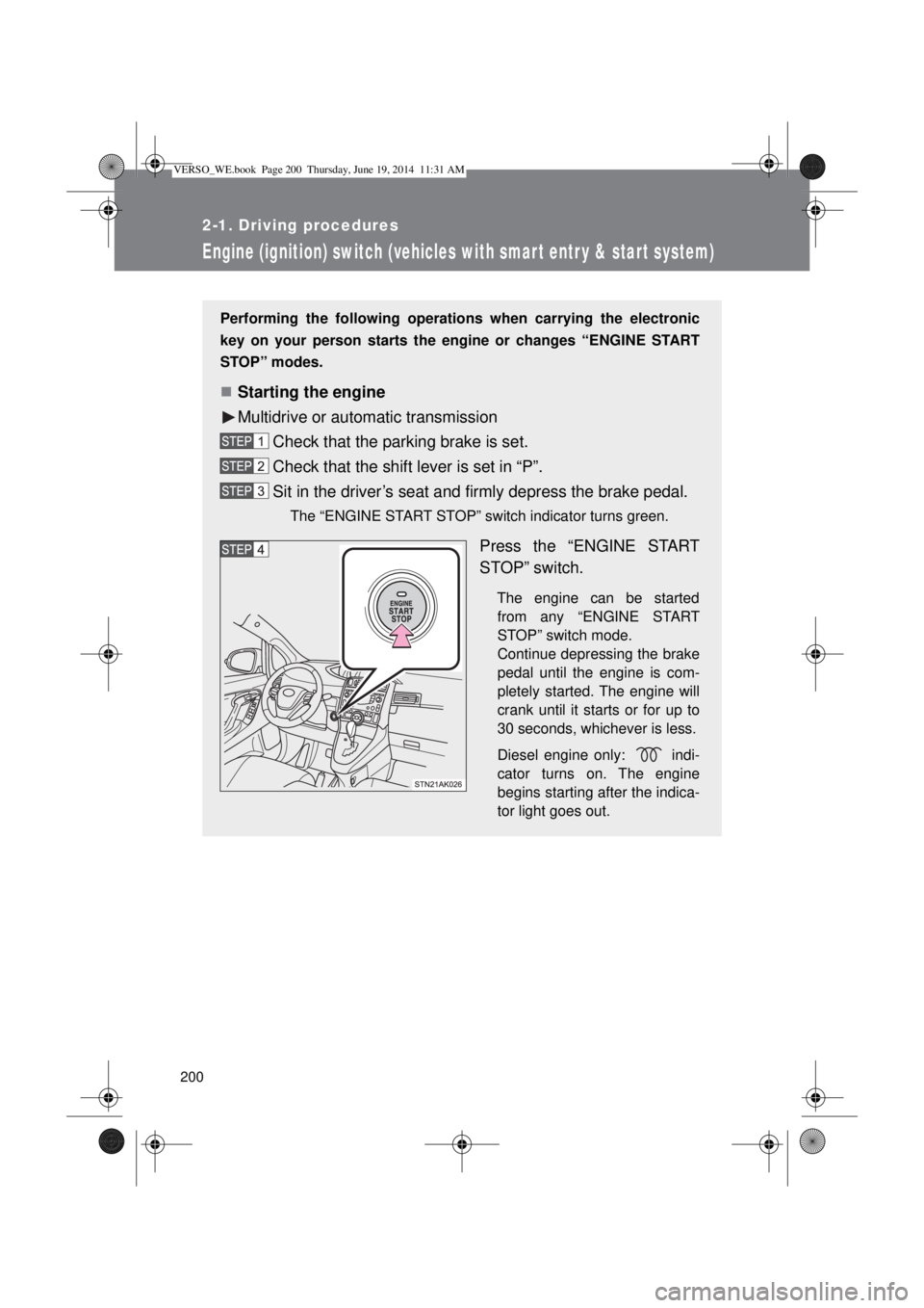 TOYOTA VERSO 2015  Owners Manual 200
2-1. Driving procedures
Engine (ignition) switch (vehicles with smart entr y & start system)
Performing the following operations when carrying the electronic
key on your person starts the engine o
