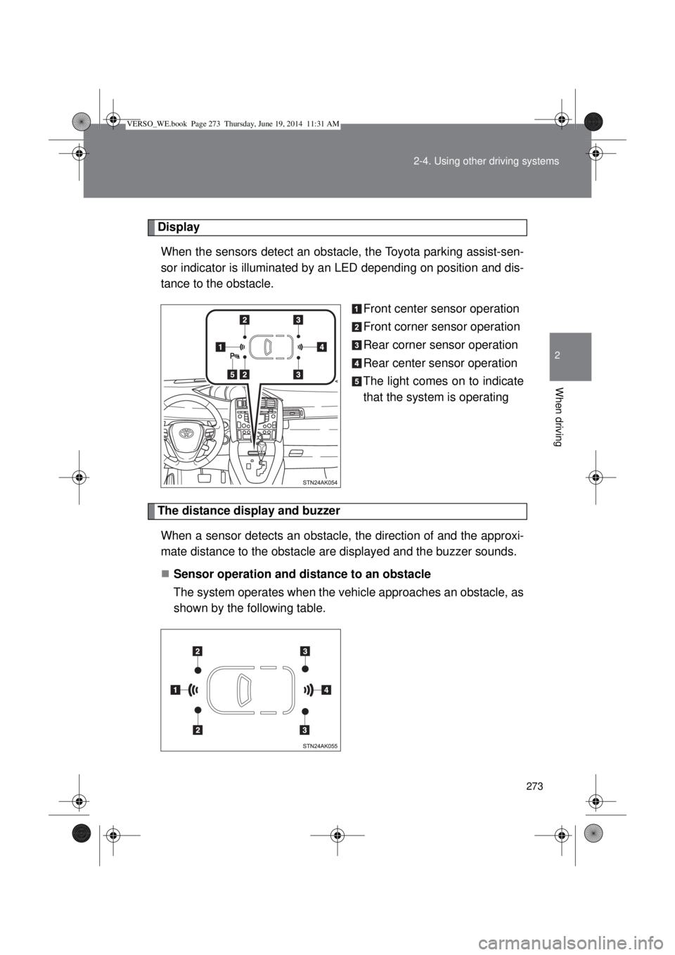 TOYOTA VERSO 2015  Owners Manual 273 2-4. Using other driving systems
2
When driving
Display
When the sensors detect an obstacle, the Toyota parking assist-sen-
sor indicator is illuminated by an LED depending on position and dis-
ta