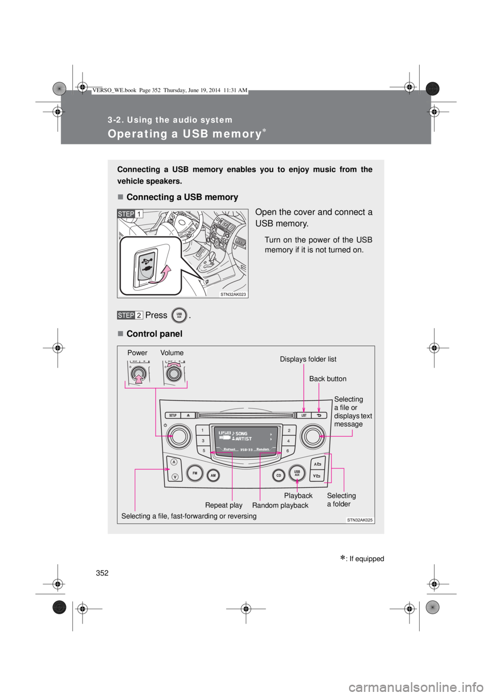 TOYOTA VERSO 2015  Owners Manual 352
3-2. Using the audio system
Operating a USB memor y
: If equipped
Connecting a USB memory enables you to enjoy music from the
vehicle speakers.
Connecting a USB memory
Open the cover and 