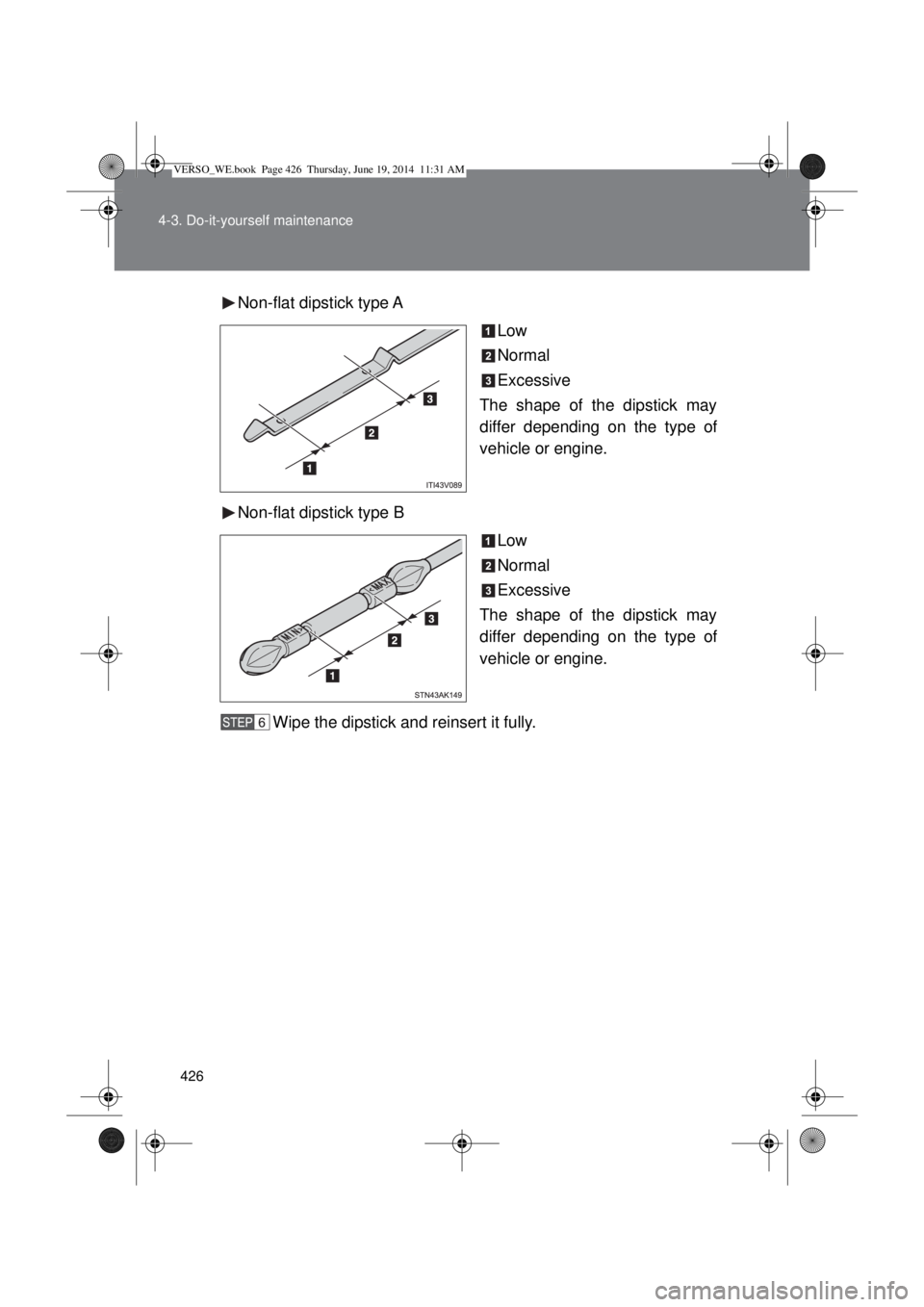 TOYOTA VERSO 2015  Owners Manual 426 4-3. Do-it-yourself maintenance
Non-flat dipstick type A
Low
Normal
Excessive
The shape of the dipstick may
differ depending on the type of
vehicle or engine.
Non-flat dipstick type B
Low
Normal
E