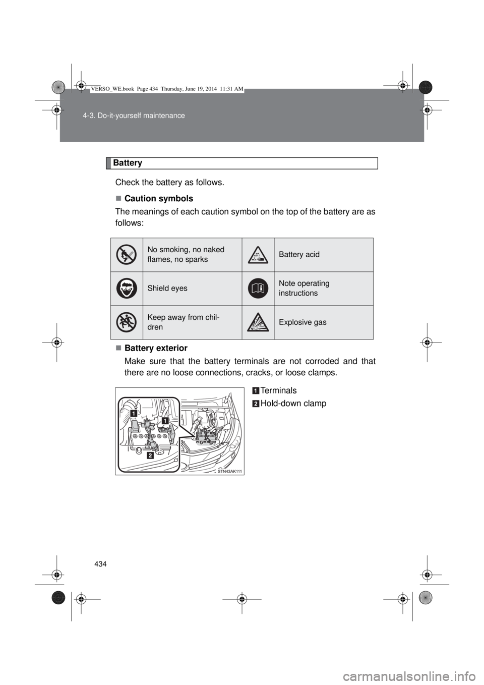 TOYOTA VERSO 2015  Owners Manual 434 4-3. Do-it-yourself maintenance
Battery
Check the battery as follows.
Caution symbols
The meanings of each caution symbol on the top of the battery are as
follows:
Battery exterior
Make sure