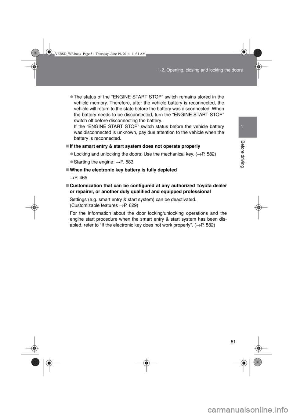 TOYOTA VERSO 2015 Owners Manual 51 1-2. Opening, closing and locking the doors
1
Before driving
The status of the “ENGINE START STOP” switch remains stored in the
vehicle memory. Therefore, after the vehicle battery is reconn TOYOTA VERSO 2015 Owners Manual 51 1-2. Opening, closing and locking the doors
1
Before driving
The status of the “ENGINE START STOP” switch remains stored in the
vehicle memory. Therefore, after the vehicle battery is reconn