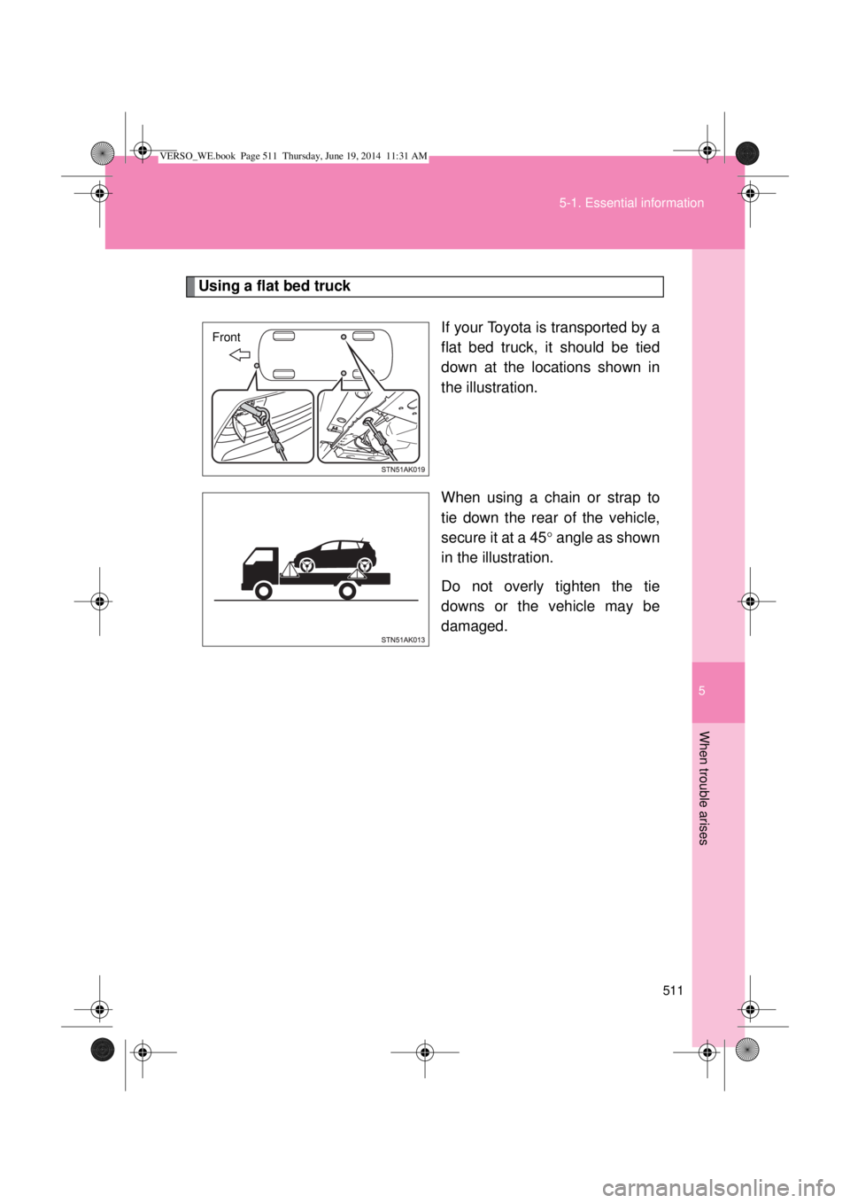 TOYOTA VERSO 2015  Owners Manual 5
511 5-1. Essential information
When trouble arises
Using a flat bed truck
If your Toyota is transported by a
flat bed truck, it should be tied
down at the locations shown in
the illustration.
When u