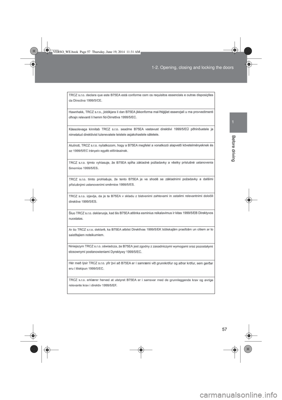 TOYOTA VERSO 2015  Owners Manual 57 1-2. Opening, closing and locking the doors
1
Before driving
VERSO_WE.book  Page 57  Thursday, June 19, 2014  11:31 AM 