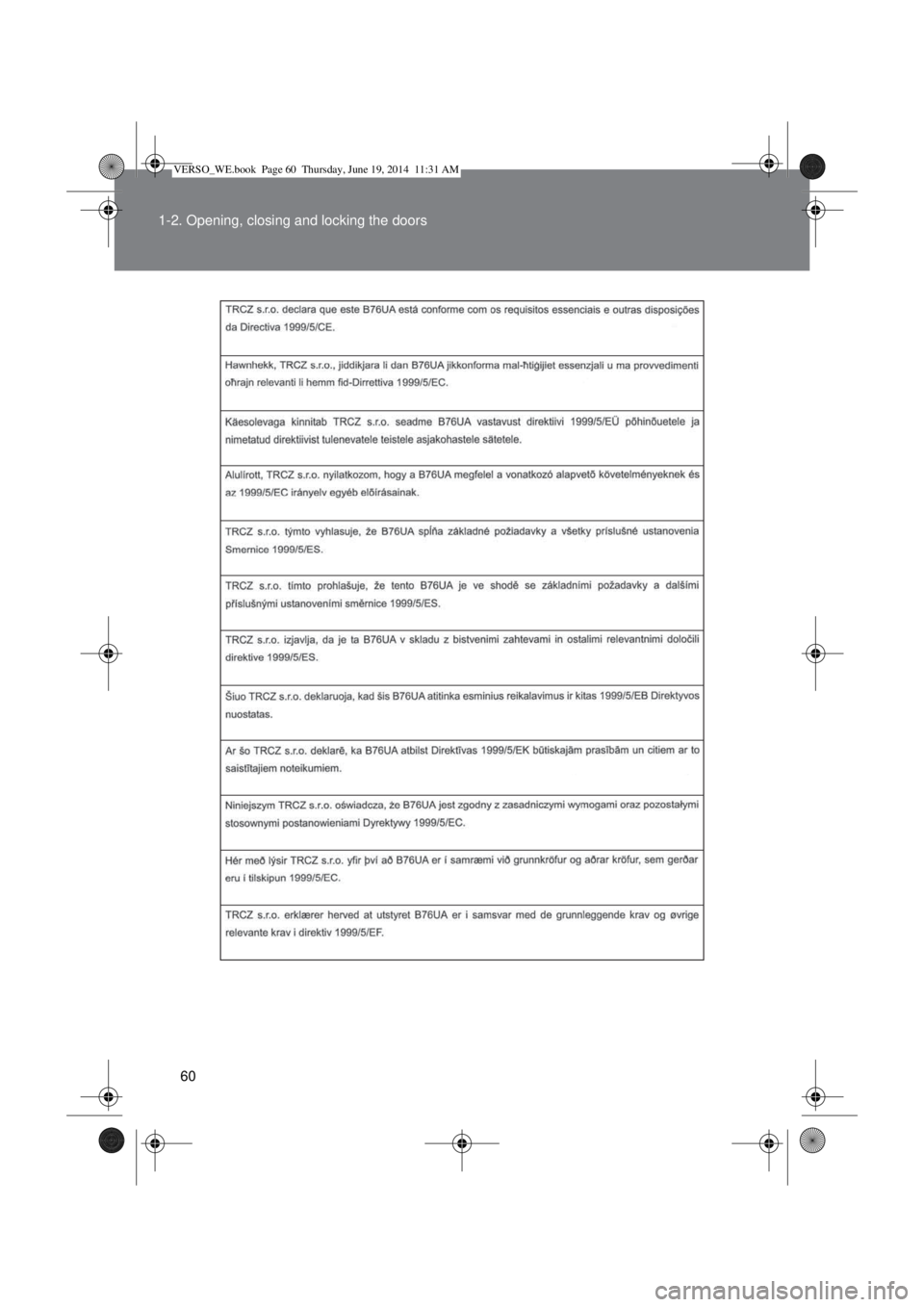 TOYOTA VERSO 2015  Owners Manual 60 1-2. Opening, closing and locking the doors
VERSO_WE.book  Page 60  Thursday, June 19, 2014  11:31 AM 
