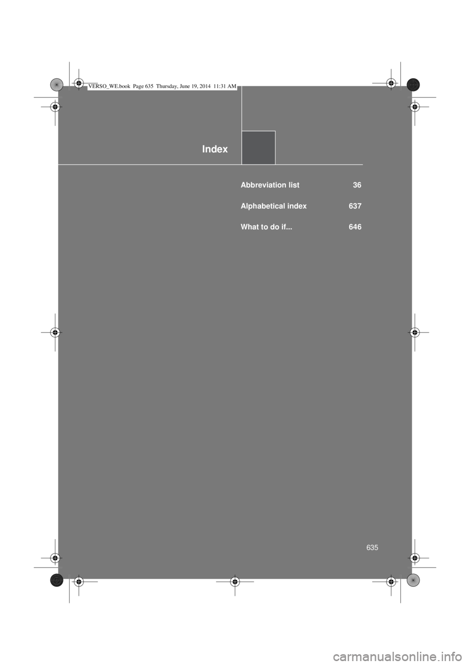 TOYOTA VERSO 2015  Owners Manual Index
635
Abbreviation list  36
Alphabetical index  637
What to do if...  646
VERSO_WE.book  Page 635  Thursday, June 19, 2014  11:31 AM 