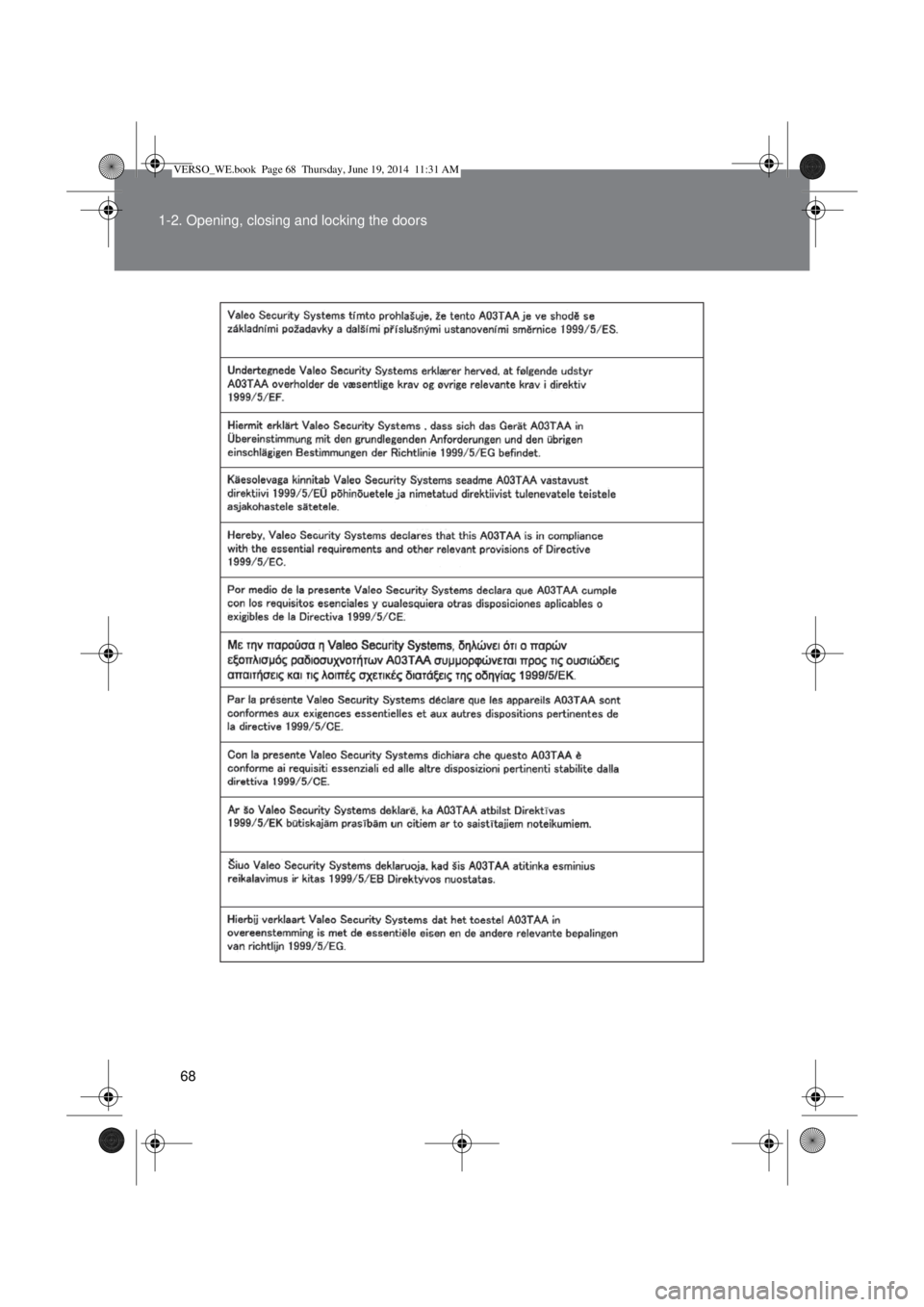 TOYOTA VERSO 2015  Owners Manual 68 1-2. Opening, closing and locking the doors
VERSO_WE.book  Page 68  Thursday, June 19, 2014  11:31 AM 