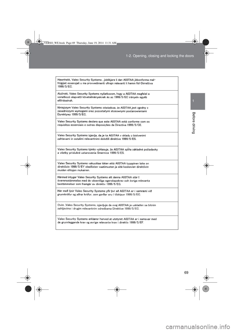 TOYOTA VERSO 2015  Owners Manual 69 1-2. Opening, closing and locking the doors
1
Before driving
VERSO_WE.book  Page 69  Thursday, June 19, 2014  11:31 AM 