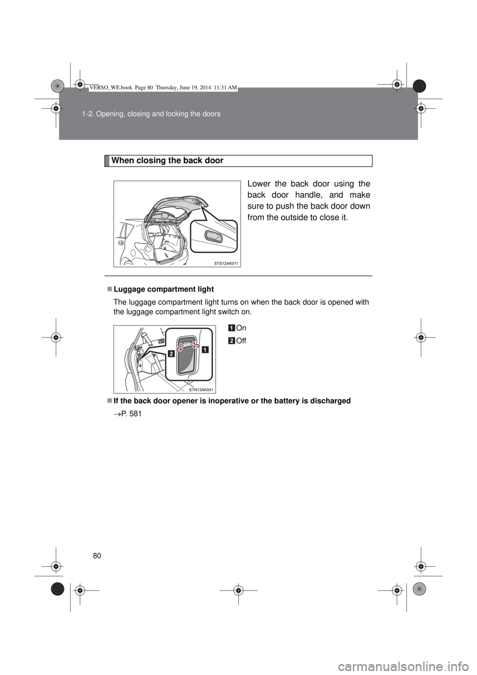 TOYOTA VERSO 2015  Owners Manual 80 1-2. Opening, closing and locking the doors
When closing the back door
Lower the back door using the
back door handle, and make
sure to push the back door down
from the outside to close it.
Lugg
