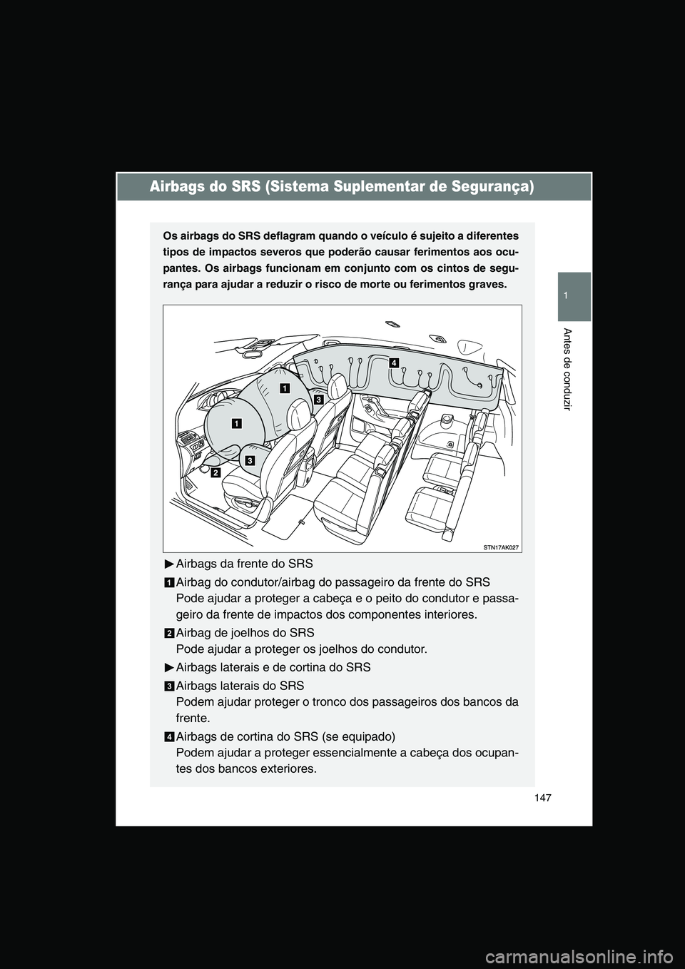 TOYOTA VERSO 2015  Manual de utilização (in Portuguese) 147
1
Antes de conduzir
Airbags do SRS (Sistema Suplementar de Segurança)
Os airbags do SRS deflagram quando o veículo é sujeito a diferentes
tipos de impactos severos que poderão causar ferimento