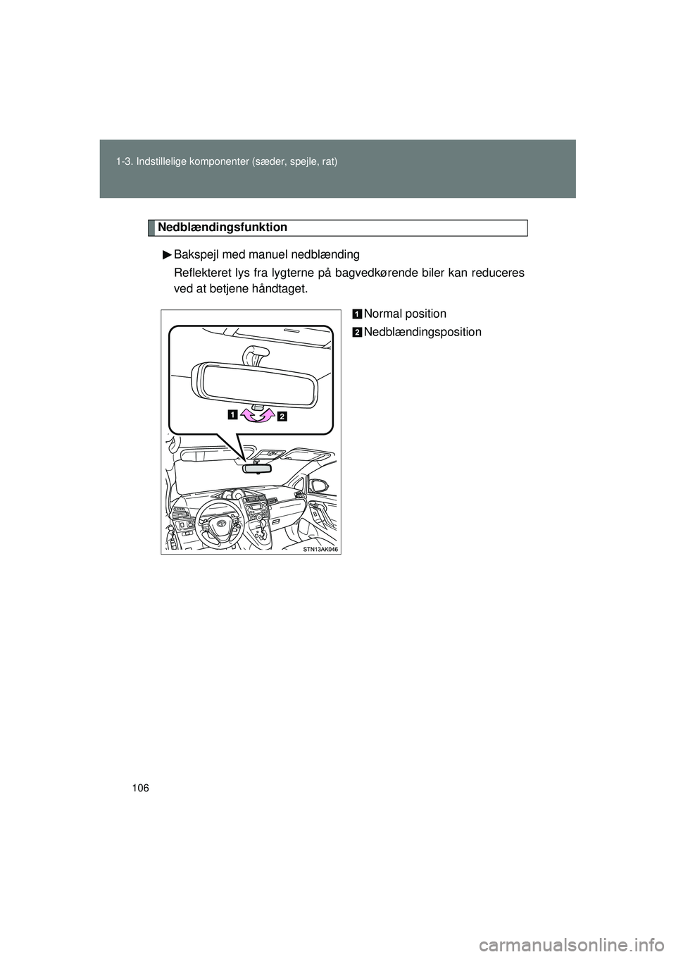 TOYOTA VERSO 2015  Brugsanvisning (in Danish) 106
1-3. Indstillelige komponenter (sæder, spejle, rat)
OM64574DK
Nedblændingsfunktion
Bakspejl med manuel nedblænding
Reflekteret lys fra lygterne på  bagvedkørende biler kan reduceres
ved at be