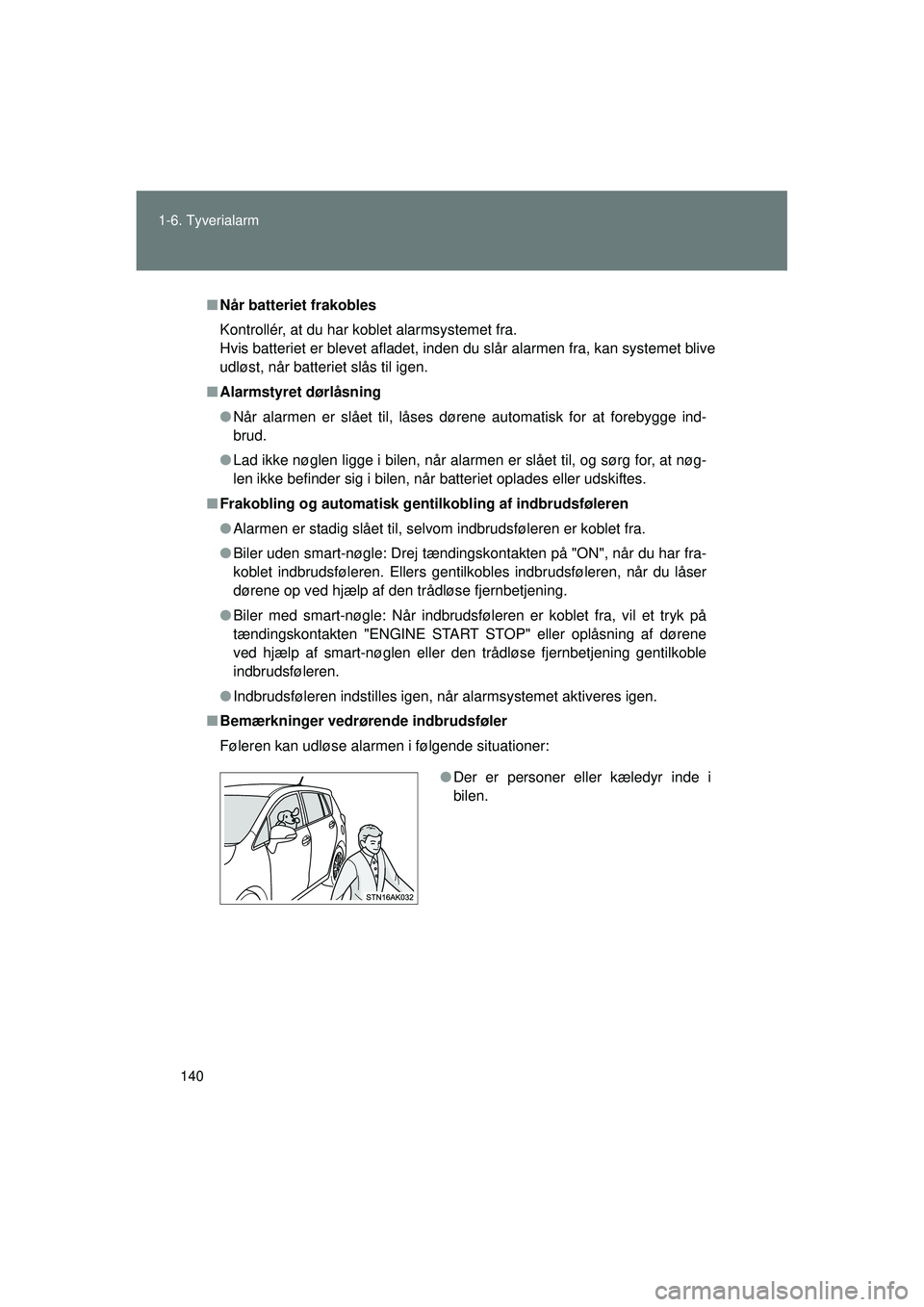 TOYOTA VERSO 2015 Brugsanvisning (in Danish) 140
1-6. Tyverialarm
OM64574DK
■
Når batteriet frakobles
Kontrollér, at du har koblet alarmsystemet fra.
Hvis batteriet er blevet afladet, inden du slår alarmen fra, kan systemet blive
udløst, n TOYOTA VERSO 2015 Brugsanvisning (in Danish) 140
1-6. Tyverialarm
OM64574DK
■
Når batteriet frakobles
Kontrollér, at du har koblet alarmsystemet fra.
Hvis batteriet er blevet afladet, inden du slår alarmen fra, kan systemet blive
udløst, n