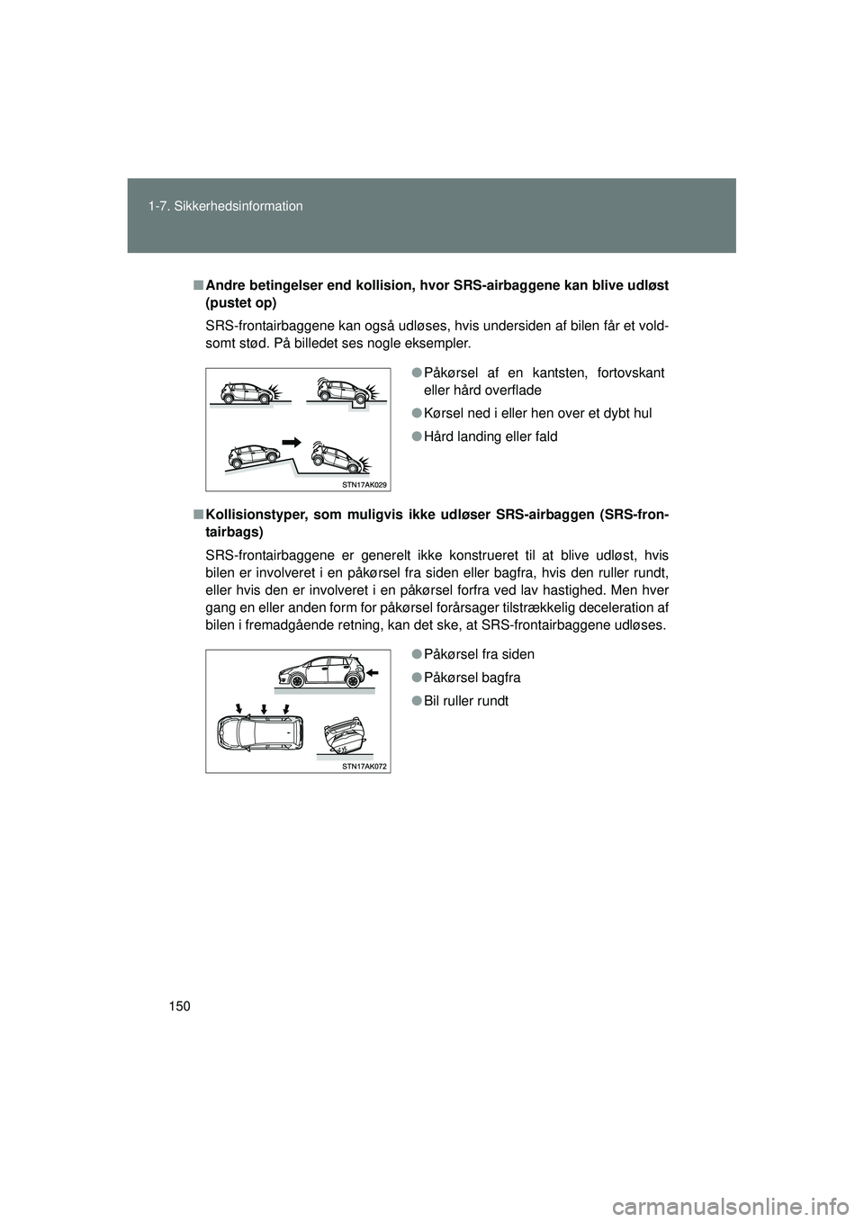 TOYOTA VERSO 2015  Brugsanvisning (in Danish) 150
1-7. Sikkerhedsinformation
OM64574DK
■
Andre betingelser end kollision, hv or SRS-airbaggene kan blive udløst
(pustet op)
SRS-frontairbaggene kan også udløses, hvis undersiden af bilen får e