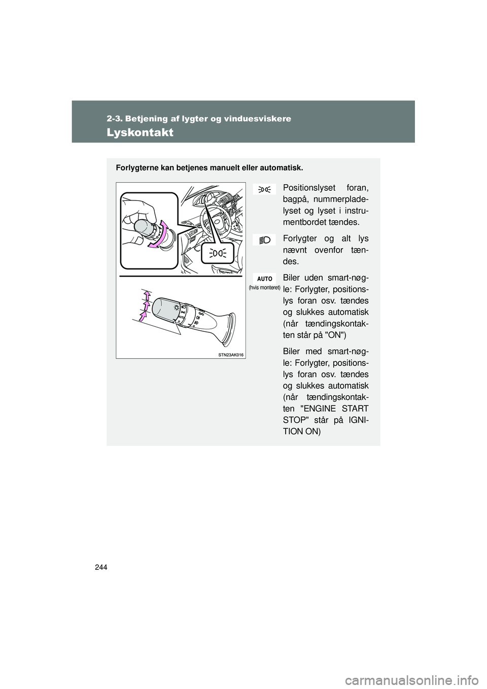TOYOTA VERSO 2015  Brugsanvisning (in Danish) 244
OM64574DK
2-3. Betjening af lygter og vinduesviskere
Lyskontakt
Forlygterne kan betjenes manuelt eller automatisk.
Positionslyset foran,
bagpå, nummerplade-
lyset og lyset i instru-
mentbordet t