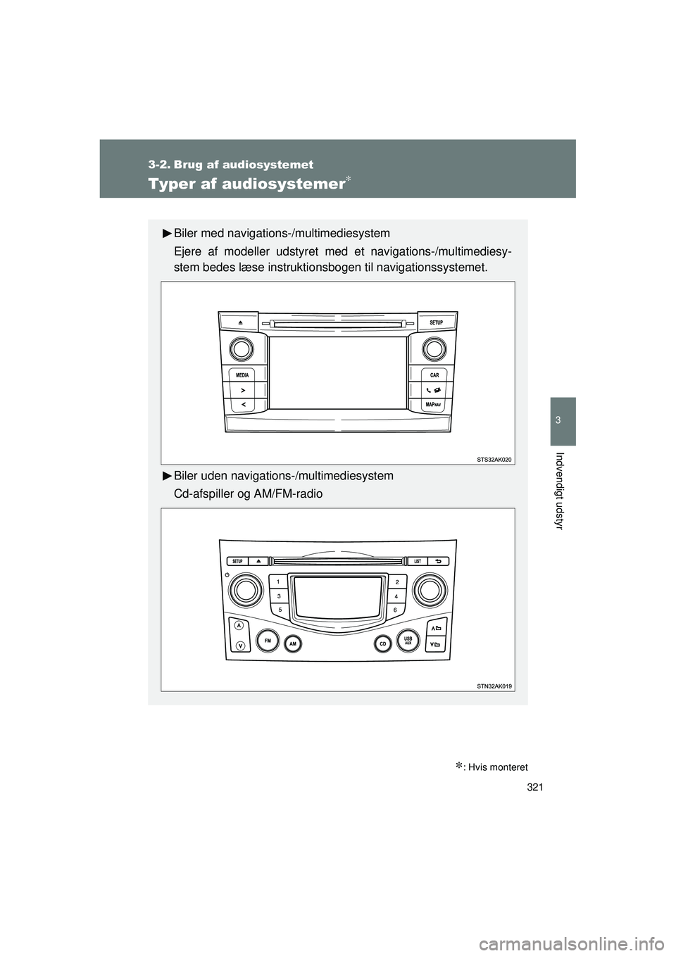 TOYOTA VERSO 2015  Brugsanvisning (in Danish) 321
3
Indvendigt udstyr
OM64574DK
3-2. Brug af audiosystemet
Typer af audiosystemer∗
∗: Hvis monteret
Biler med navigations-/multimediesystem
Ejere af modeller udstyret med et navigations-/multime