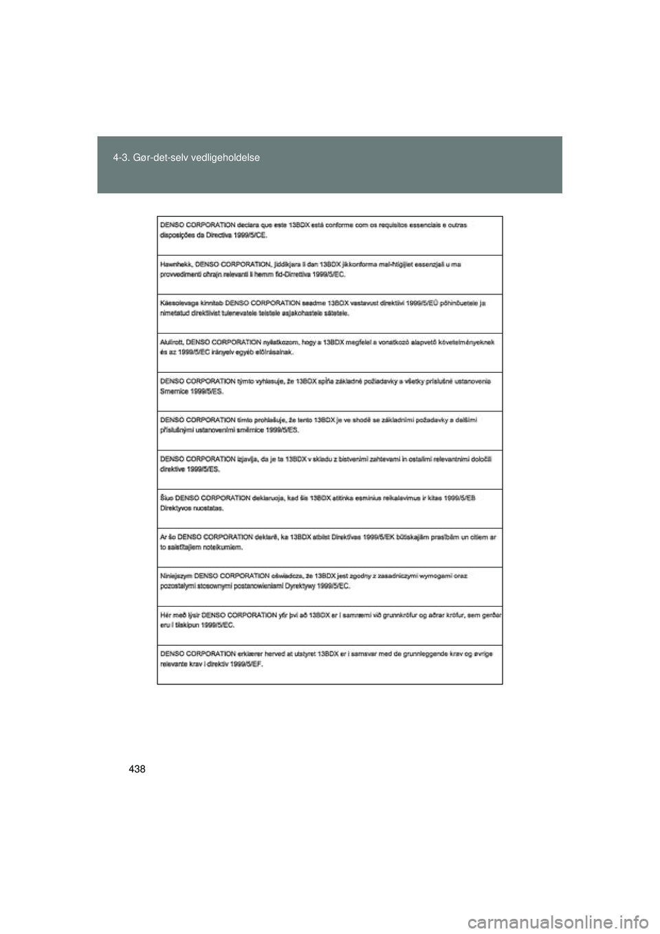 TOYOTA VERSO 2015  Brugsanvisning (in Danish) 438
4-3. Gør-det-selv vedligeholdelse
OM64574DK
OM64574DK.book  Page 438  Friday, February 20, 2015  2:31 PM 