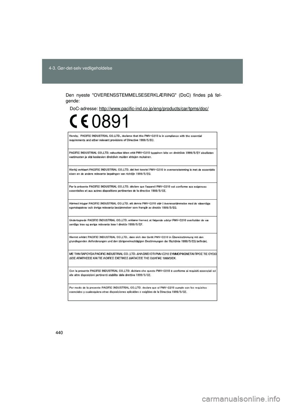 TOYOTA VERSO 2015  Brugsanvisning (in Danish) 440
4-3. Gør-det-selv vedligeholdelse
OM64574DK
Den nyeste "OVERENSSTEMMELSES
ERKLÆRING" (DoC) findes på føl-
gende:
DoC-adresse: http://www.pacific-ind.co.jp/eng/products/car/tpms/doc/
OM64574DK.