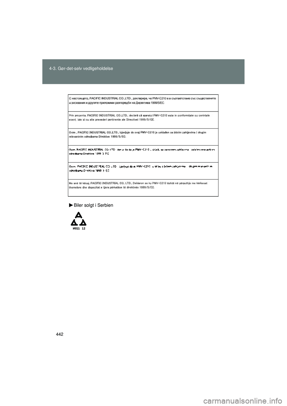 TOYOTA VERSO 2015  Brugsanvisning (in Danish) 442
4-3. Gør-det-selv vedligeholdelse
OM64574DK
Biler solgt i Serbien
OM64574DK.book  Page 442  Friday, February 20, 2015  2:31 PM 