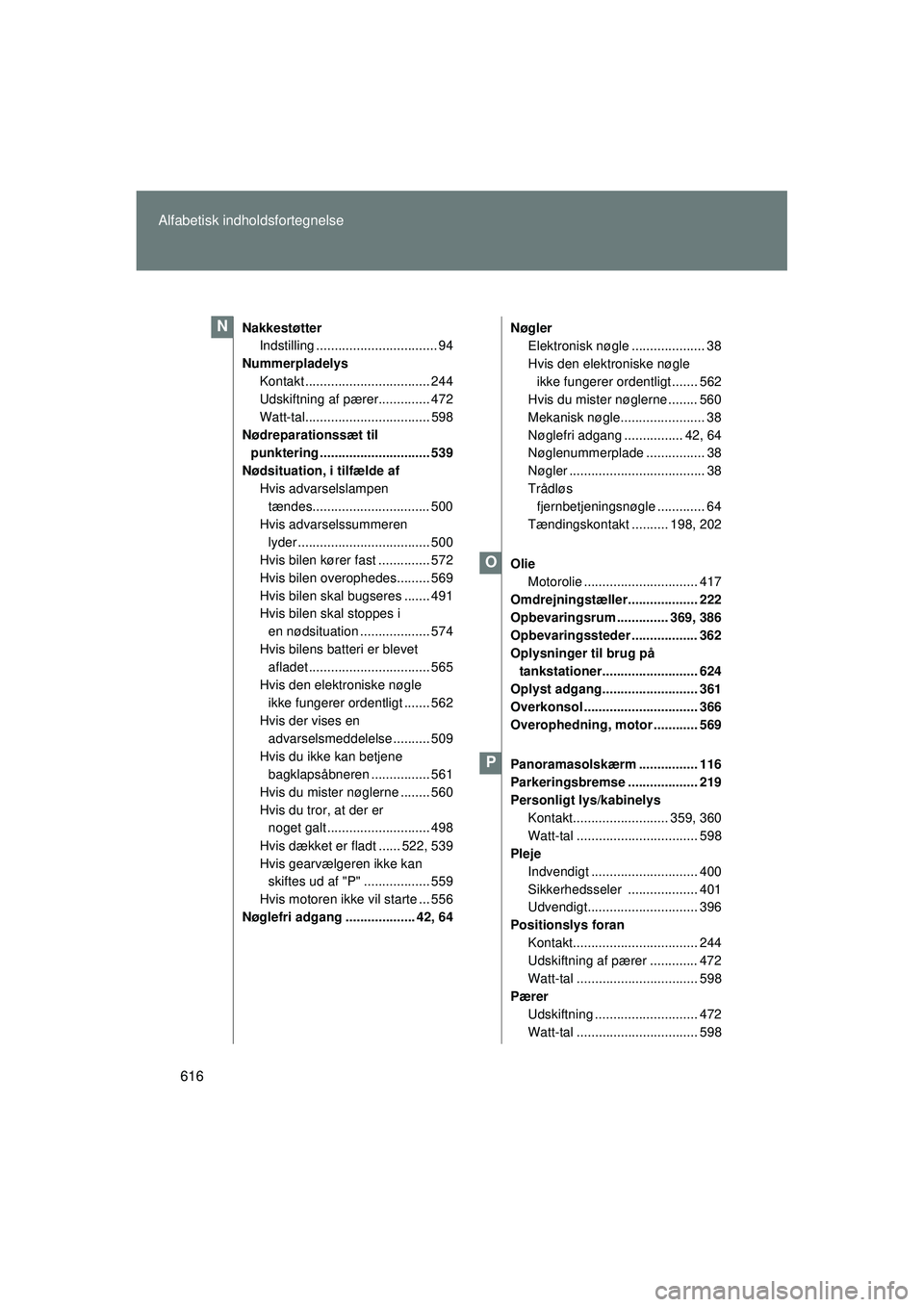 TOYOTA VERSO 2015  Brugsanvisning (in Danish) 616
Alfabetisk indholdsfortegnelse
OM64574DK
Nakkestøtter
Indstilling ................................. 94
Nummerpladelys Kontakt .................................. 244
Udskiftning af pærer.........