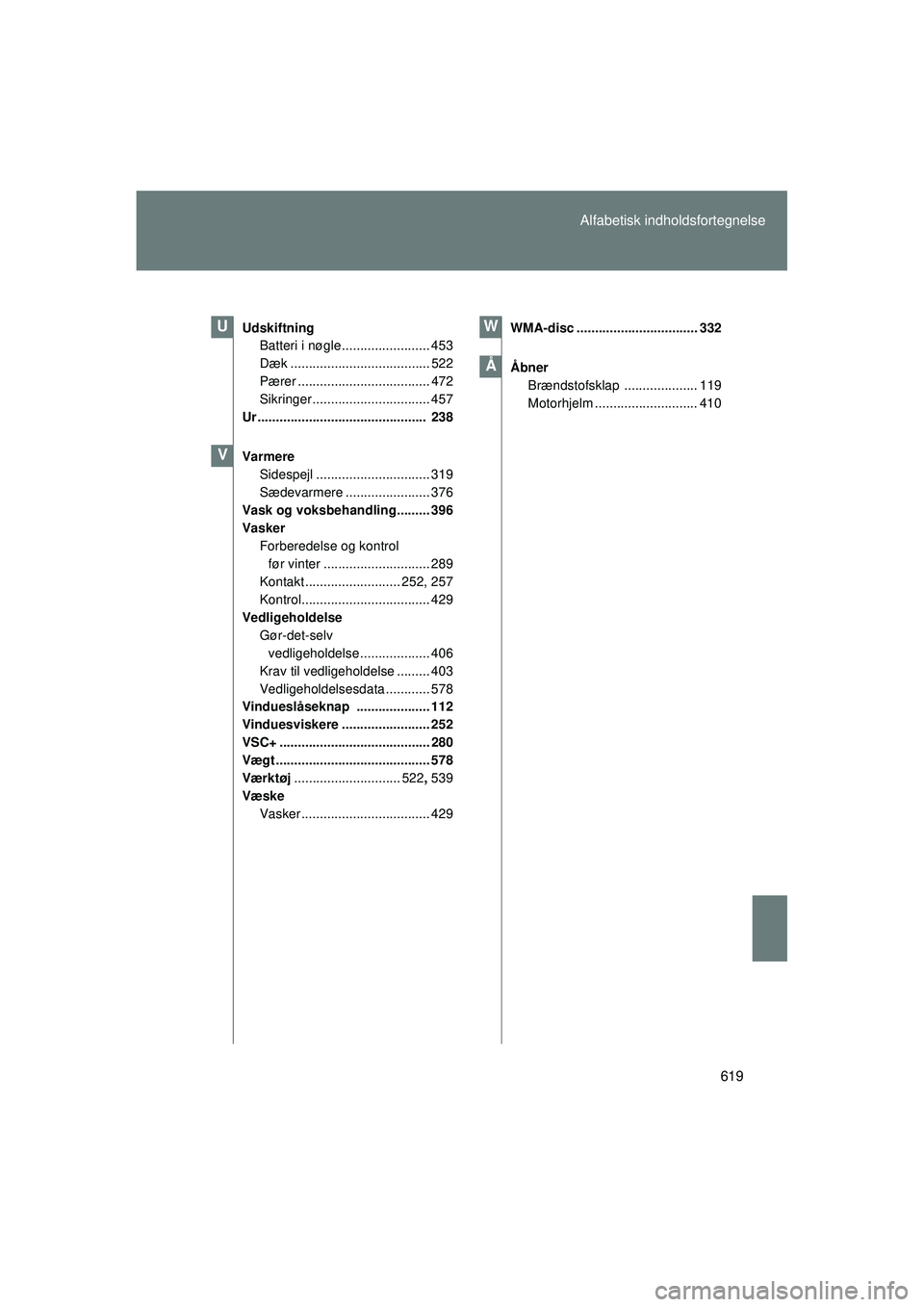 TOYOTA VERSO 2015  Brugsanvisning (in Danish) 619
Alfabetisk indholdsfortegnelse
OM64574DK
Udskiftning
Batteri i nøgle ........................ 453
Dæk ...................................... 522
Pærer .................................... 472
S
