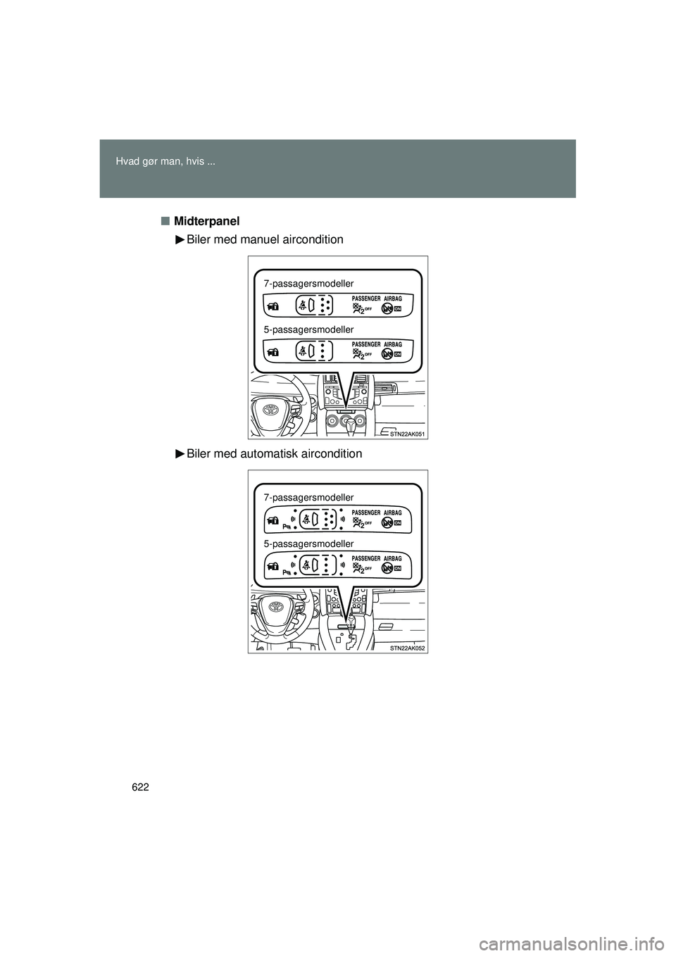 TOYOTA VERSO 2015  Brugsanvisning (in Danish) 622
Hvad gør man, hvis ...
OM64574DK
■
Midterpanel
Biler med manuel aircondition
Biler med automatisk aircondition
7-passagersmodeller
5-passagersmodeller
7-passagersmodeller
5-passagersmodeller
OM