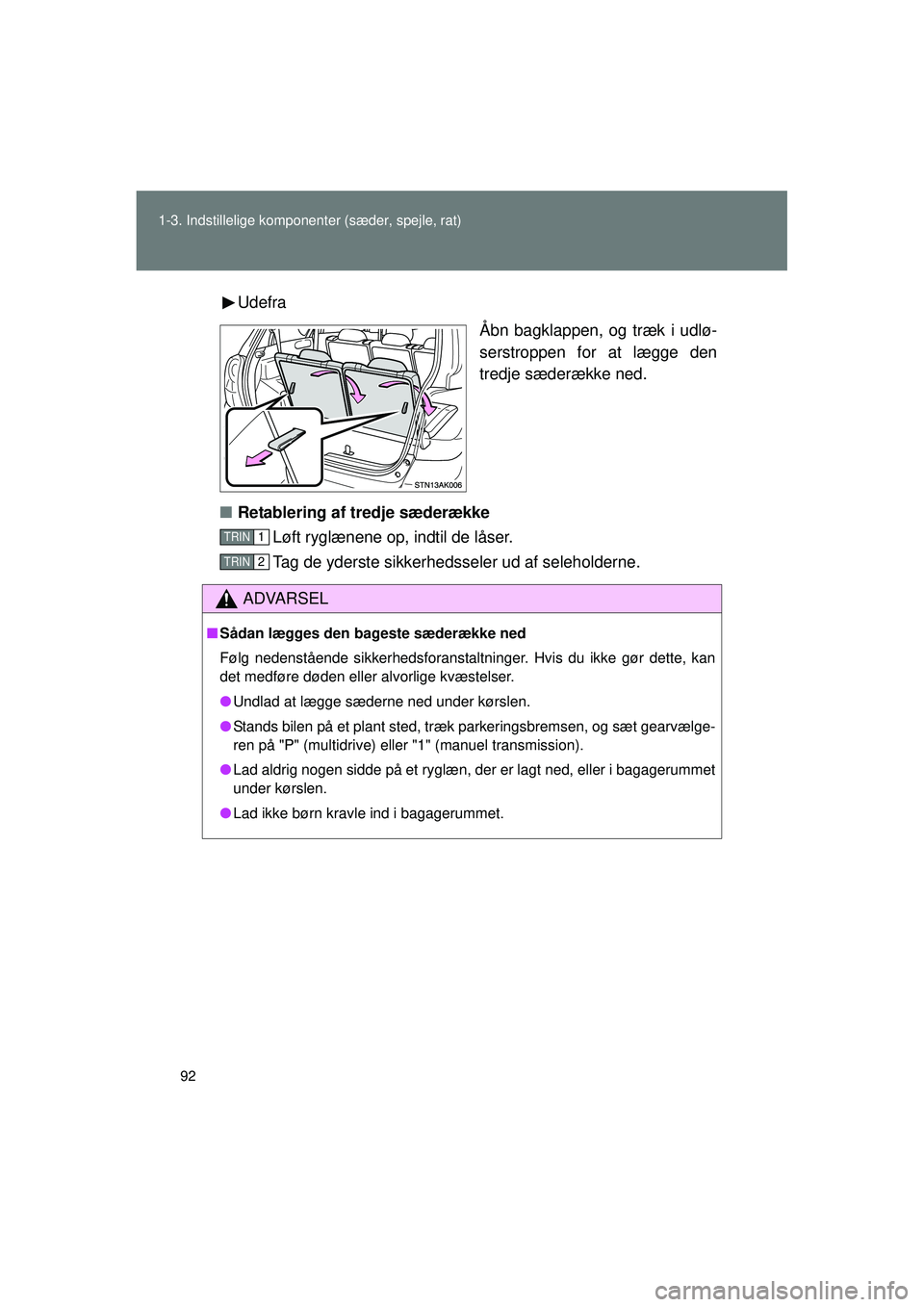 TOYOTA VERSO 2015  Brugsanvisning (in Danish) 92
1-3. Indstillelige komponenter (sæder, spejle, rat)
OM64574DK
Udefra
Åbn bagklappen, og træk i udlø-
serstroppen for at lægge den
tredje sæderække ned.
■ Retablering af tredje sæderække
