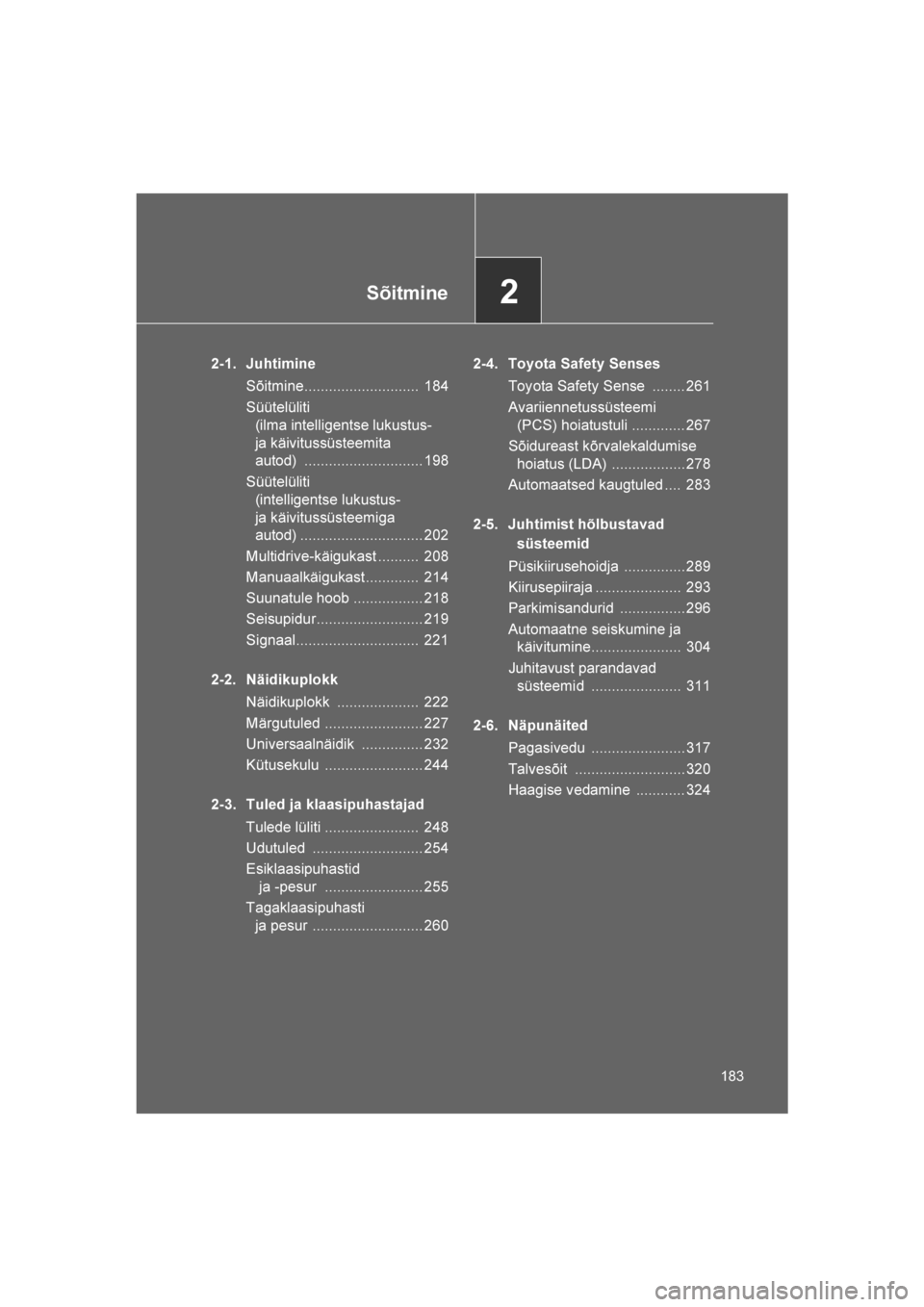 TOYOTA VERSO 2016 Kasutusjuhend (in Estonian)
2Sõitmine
183
VERSO_EE_OM64590E
2-1. JuhtimineSõitmine............................ 184
Süütelüliti (ilma intelligentse lukustus-
ja käivitussüsteemita
autod) ............................. 1 TOYOTA VERSO 2016 Kasutusjuhend (in Estonian)
2Sõitmine
183
VERSO_EE_OM64590E
2-1. JuhtimineSõitmine............................ 184
Süütelüliti (ilma intelligentse lukustus-
ja käivitussüsteemita
autod) ............................. 1