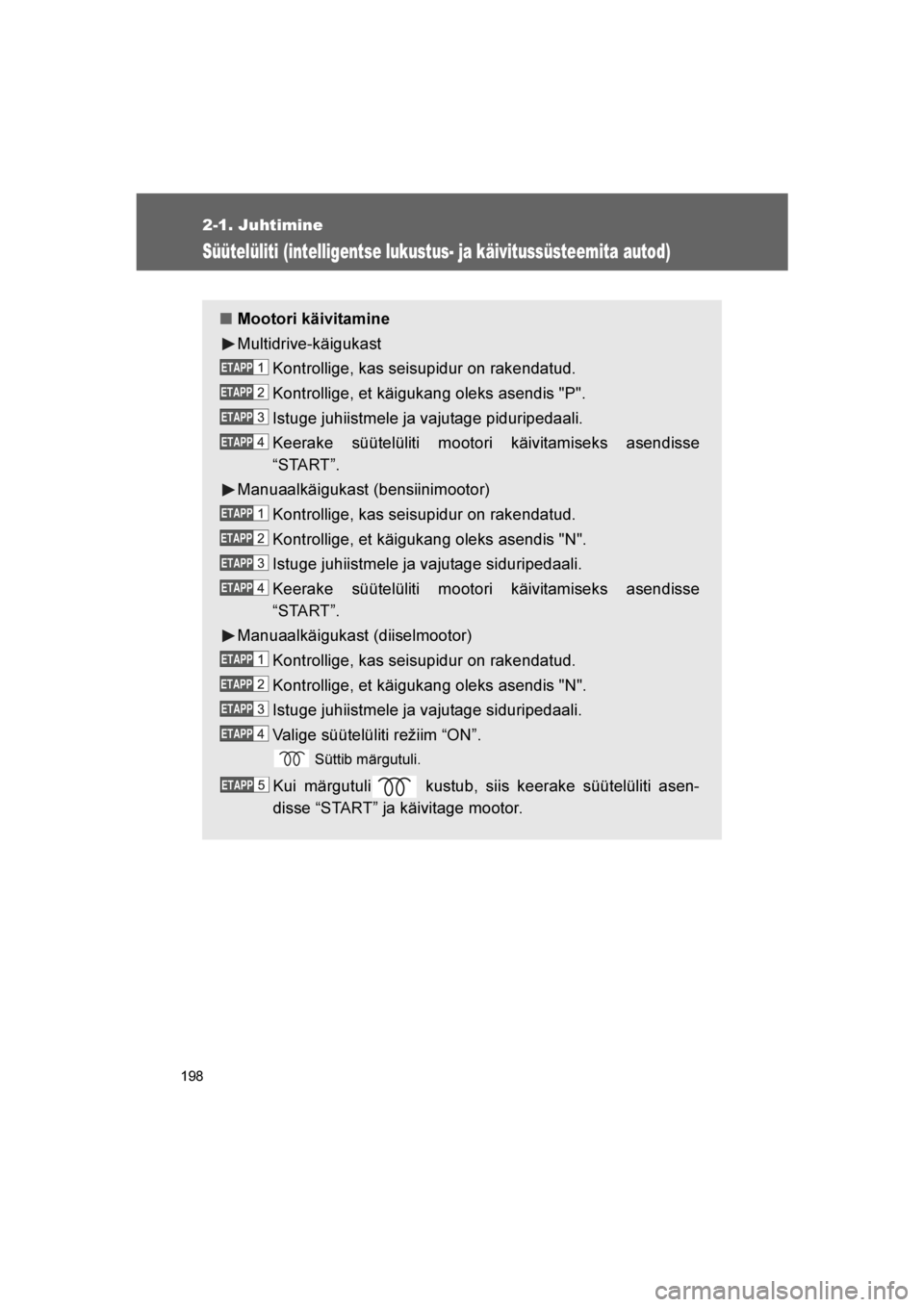TOYOTA VERSO 2016 Kasutusjuhend (in Estonian)
198
2-1. Juhtimine
VERSO_EE_OM64590E
Süütelüliti (intelligentse lukustus- ja käivitussüsteemita autod)
■Mootori käivitamine
Multidrive-käigukast
Kontrollige, kas seisupidur on rakendatud.
Ko TOYOTA VERSO 2016 Kasutusjuhend (in Estonian)
198
2-1. Juhtimine
VERSO_EE_OM64590E
Süütelüliti (intelligentse lukustus- ja käivitussüsteemita autod)
■Mootori käivitamine
Multidrive-käigukast
Kontrollige, kas seisupidur on rakendatud.
Ko