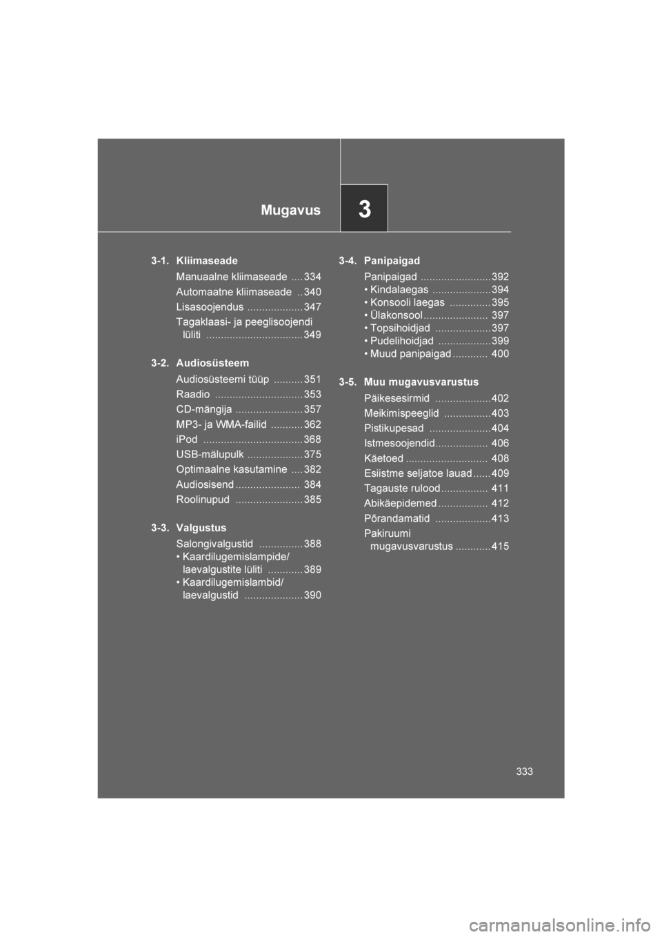 TOYOTA VERSO 2016 Kasutusjuhend (in Estonian)
3Mugavus
333
VERSO_EE_OM64590E
3-1. KliimaseadeManuaalne kliimaseade .... 334
Automaatne kliimaseade .. 340
Lisasoojendus ................... 347
Tagaklaasi- ja peeglisoojendi lüliti ............. TOYOTA VERSO 2016 Kasutusjuhend (in Estonian)
3Mugavus
333
VERSO_EE_OM64590E
3-1. KliimaseadeManuaalne kliimaseade .... 334
Automaatne kliimaseade .. 340
Lisasoojendus ................... 347
Tagaklaasi- ja peeglisoojendi lüliti .............