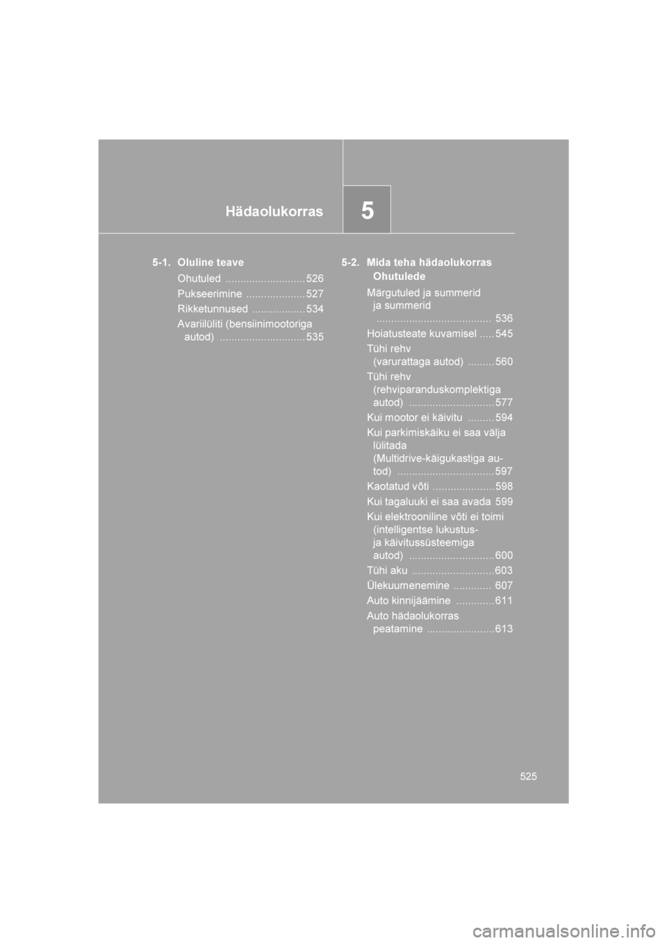 TOYOTA VERSO 2016 Kasutusjuhend (in Estonian)
5Hädaolukorras
525
VERSO_EE_OM64590E
5-1. Oluline teaveOhutuled ........................... 526
Pukseerimine .................... 527
Rikketunnused .................. 534
Avariilüliti (bensiinimoot TOYOTA VERSO 2016 Kasutusjuhend (in Estonian)
5Hädaolukorras
525
VERSO_EE_OM64590E
5-1. Oluline teaveOhutuled ........................... 526
Pukseerimine .................... 527
Rikketunnused .................. 534
Avariilüliti (bensiinimoot